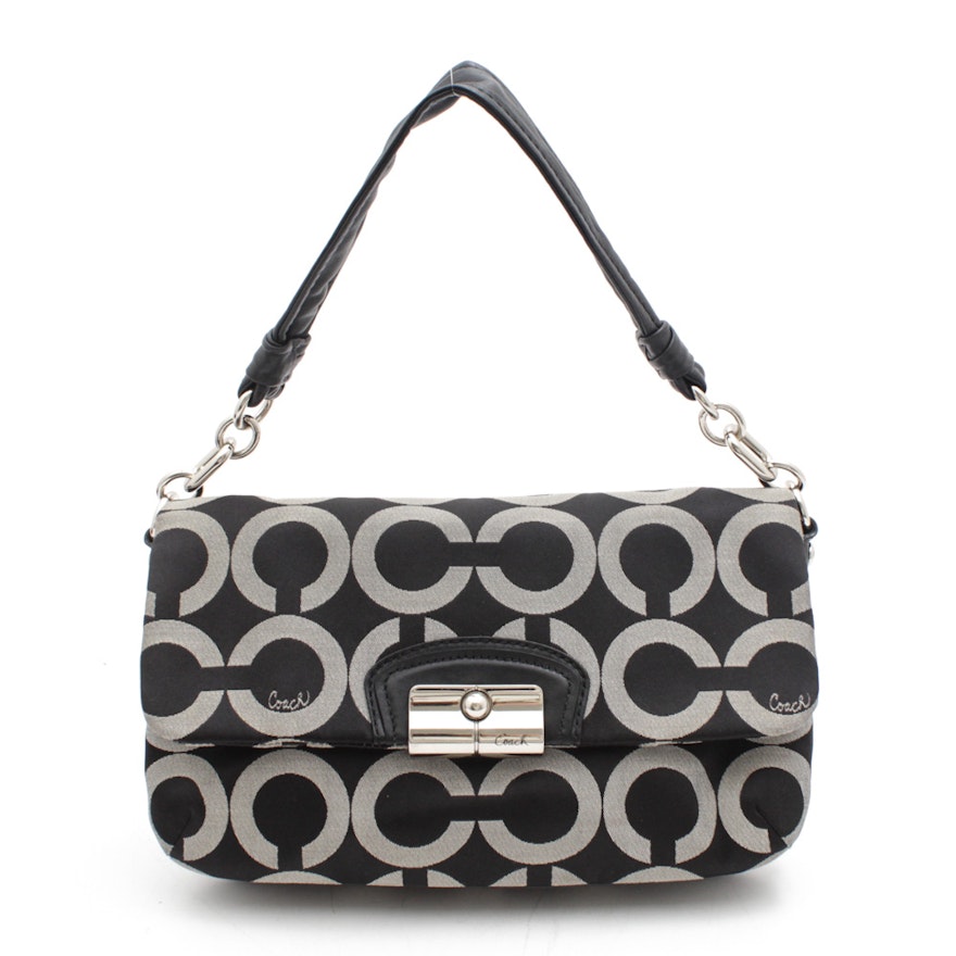 Coach Kristin Op Art Flap Grey and Black Sateen and Black Leather Handbag