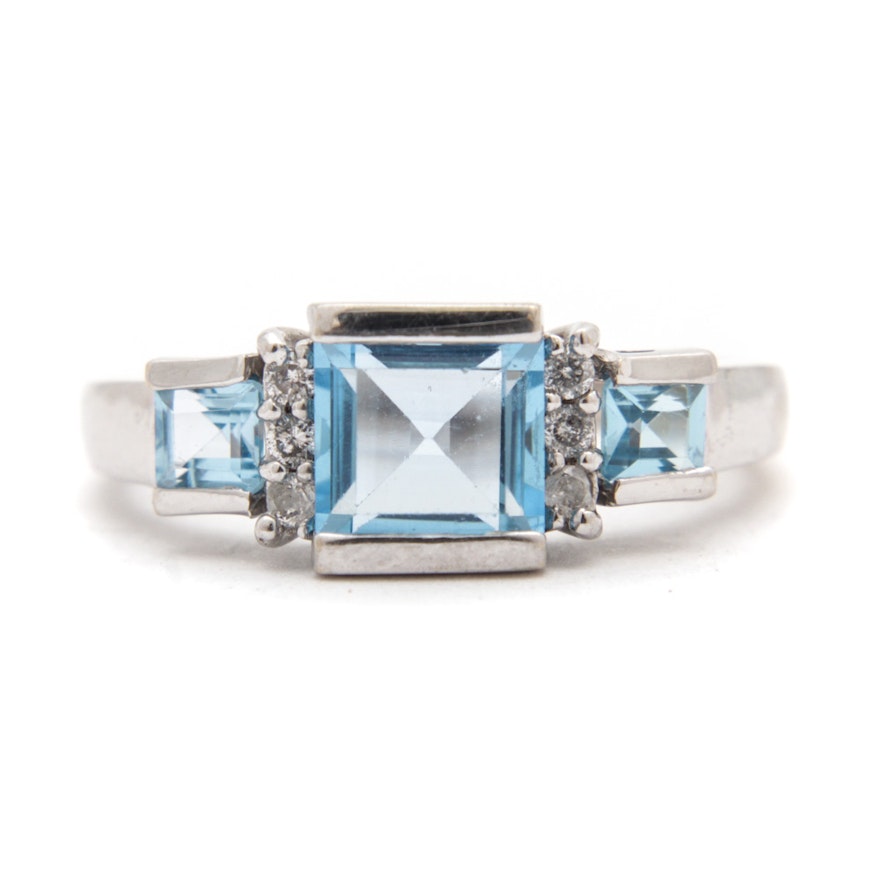 14K White Gold Blue Topaz and Diamond Ring