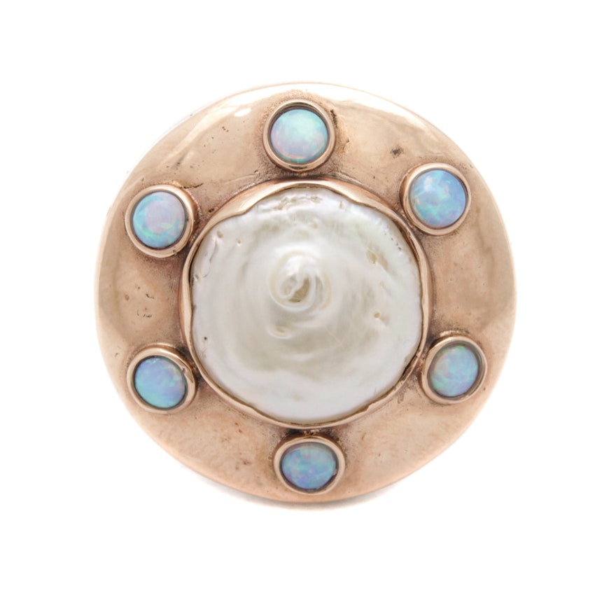 Sterling Silver and 14K Rose Gold Opal and Cultured Coin Pearl Ring