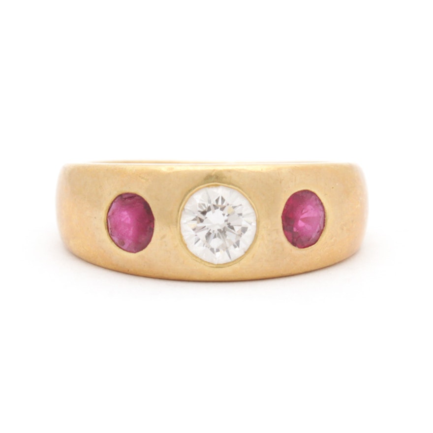 18K Yellow Gold Bezel Set Diamond and Ruby Ring