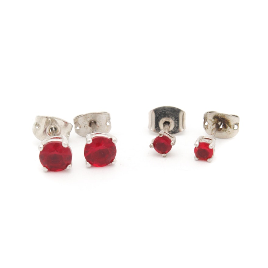 Two Pairs of Sterling Silver Synthetic Ruby Stud Earrings