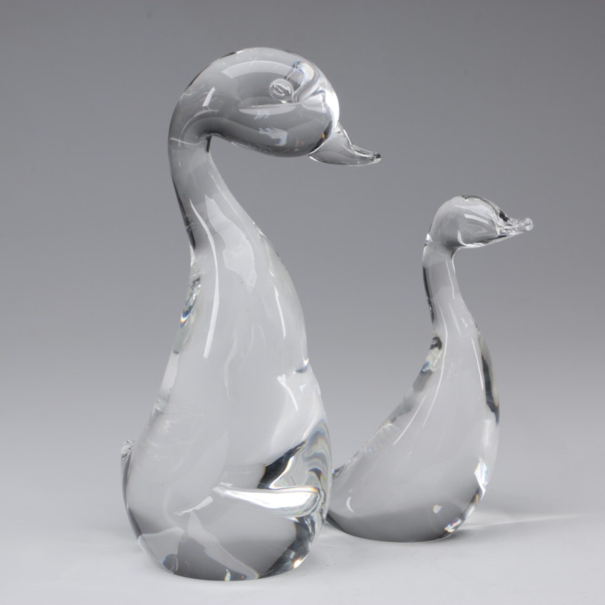 Steuben Art Glass "Great Duck" and "Gander" Figurines by Lloyd Atkins