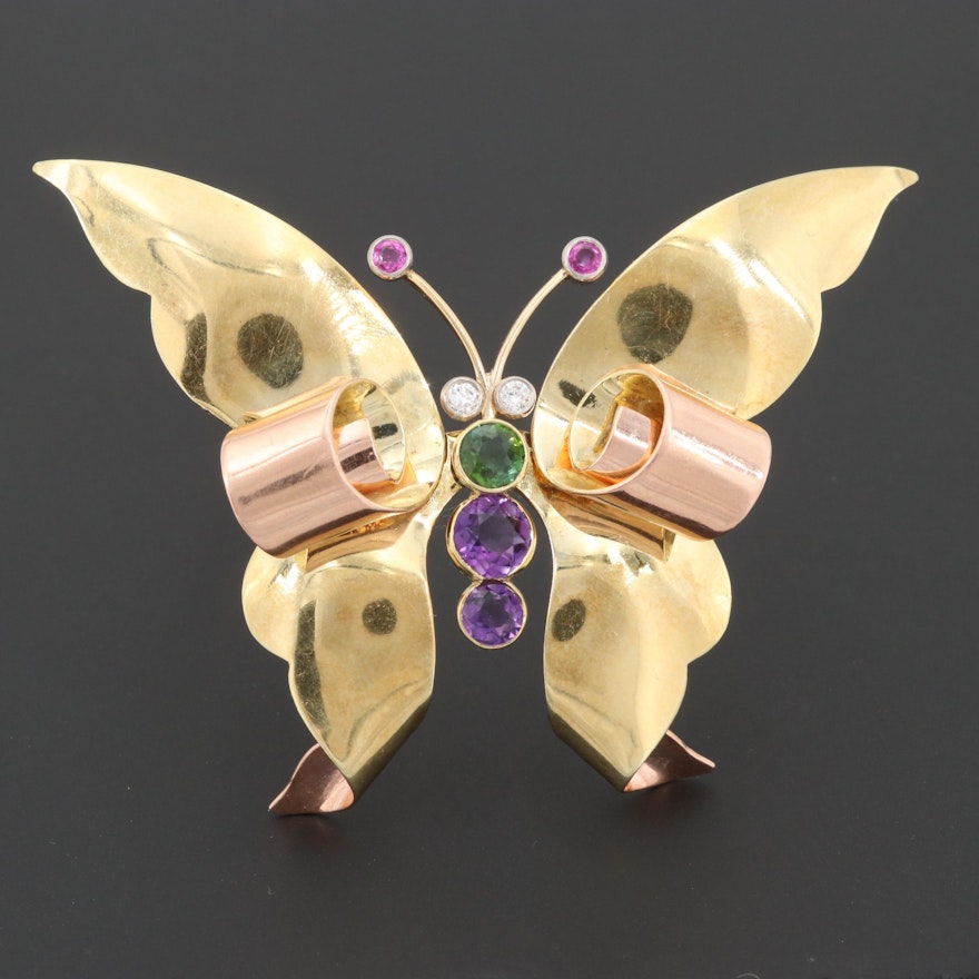 14K Gold Diamond, Green Tourmaline, Ruby and Amethyst Butterfly Brooch