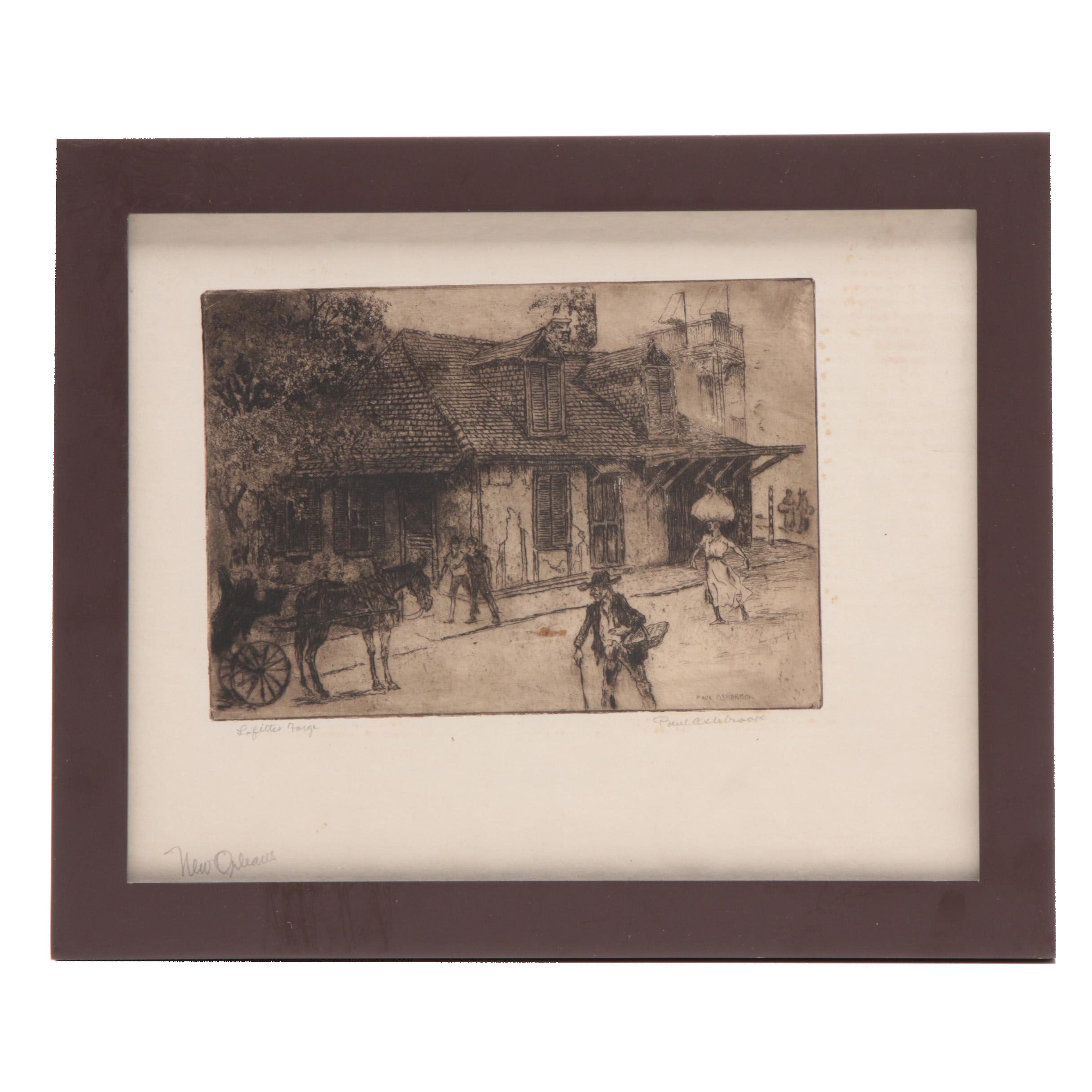 Paul Ashbrook Etching "New Orleans, Lafitte's Forge"
