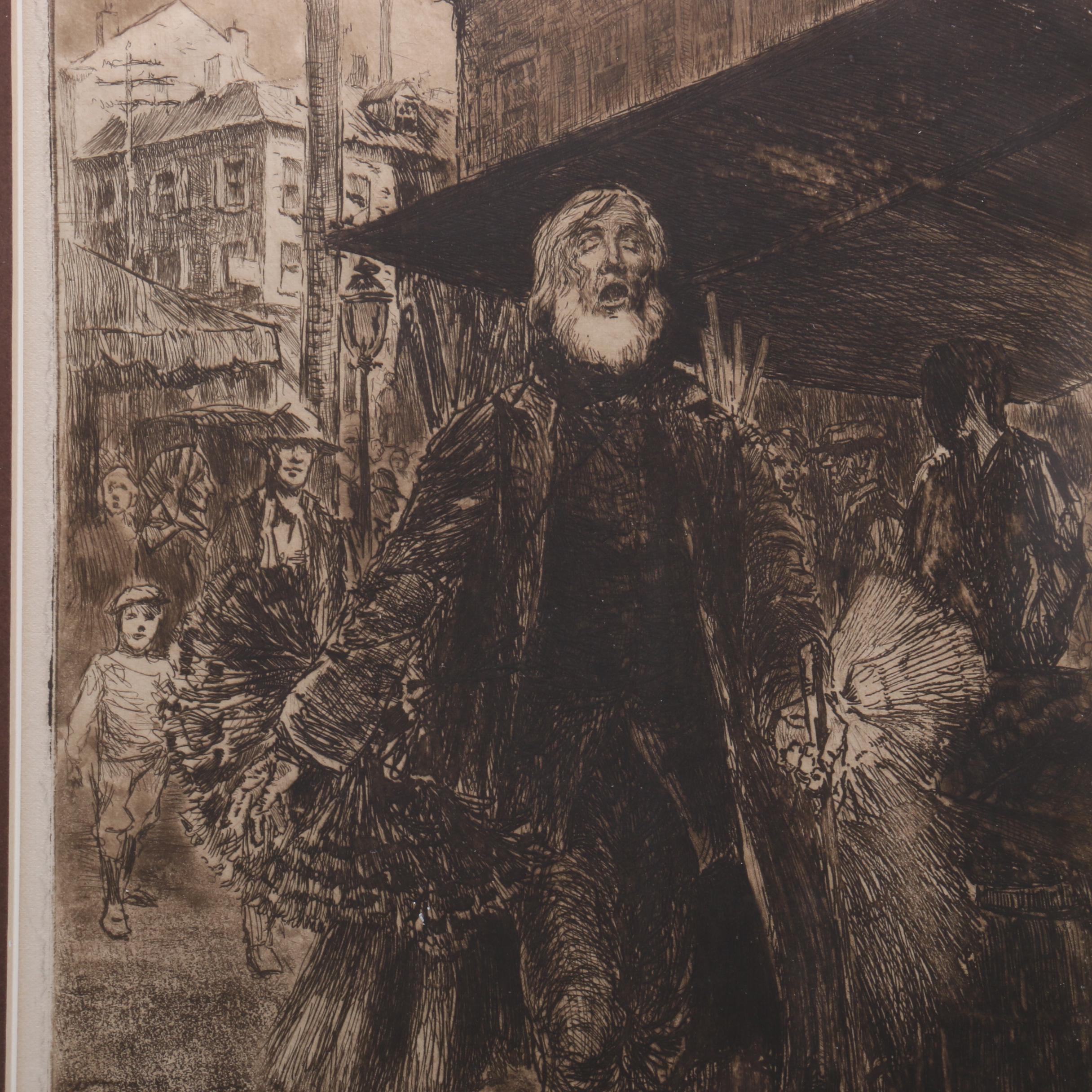 Paul Ashbrook Etching with Aquatint of Man on City Sidewalk