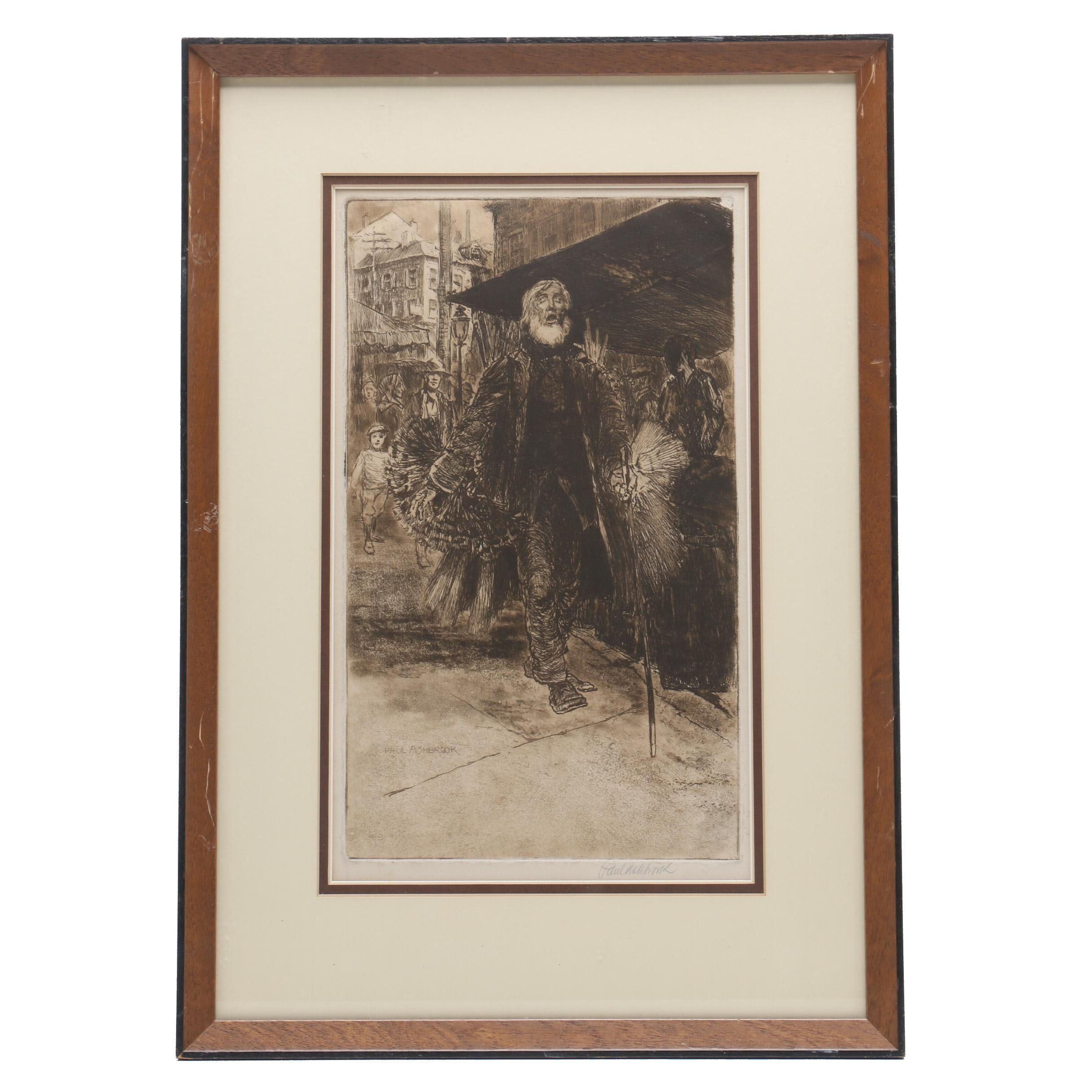 Paul Ashbrook Etching with Aquatint of Man on City Sidewalk