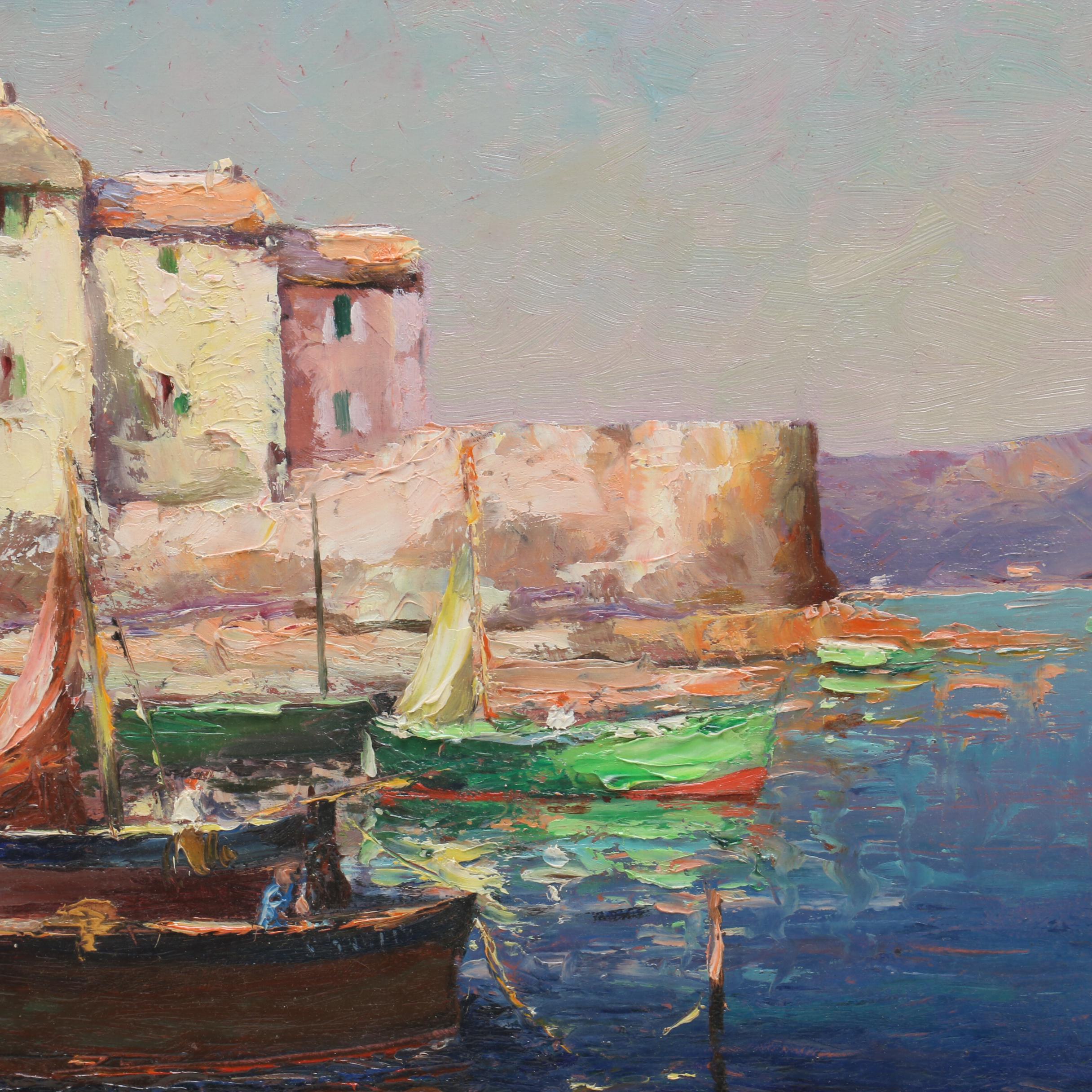 Impressionist Style Oil Painting of Boats on Water