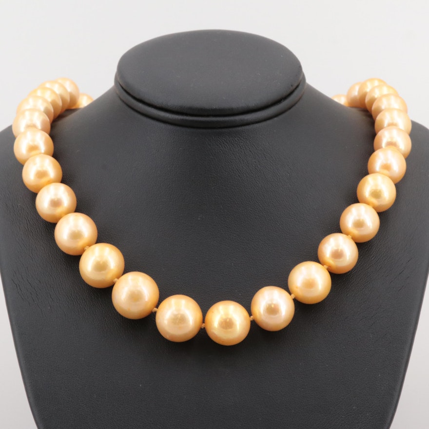 14K Yellow Gold Cultured Pearl Graduated Hand Knotted Necklace with GIA Report