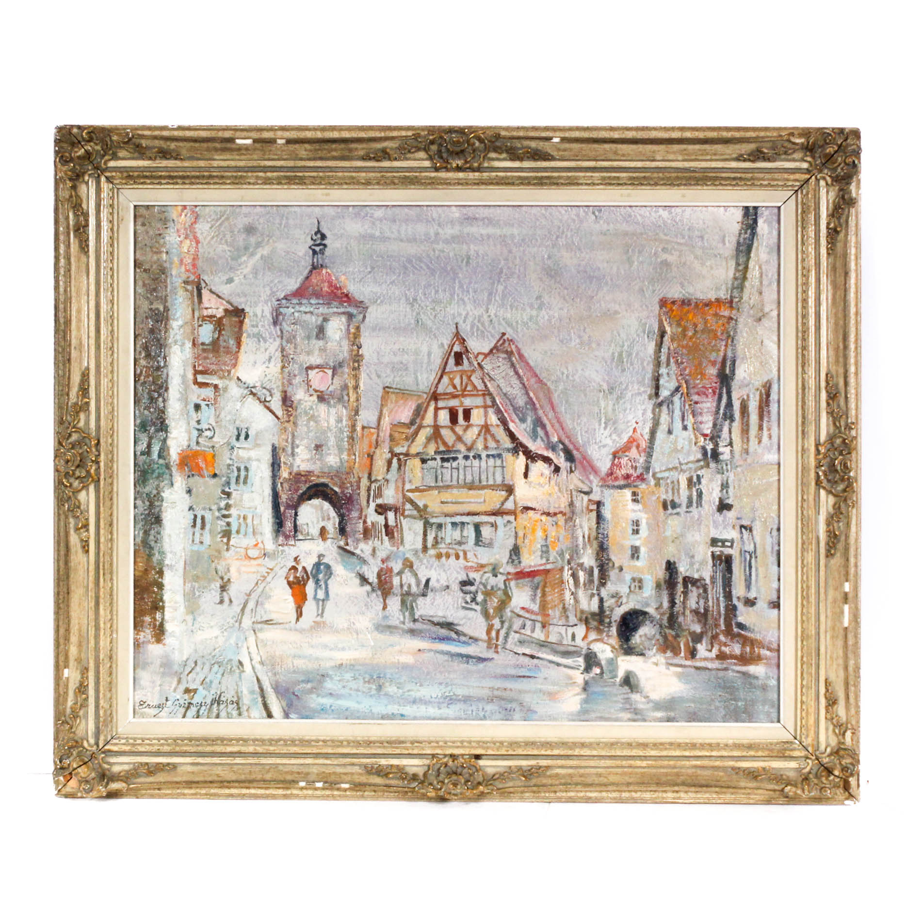 Ernest Guzman Kasas Impasto Oil Painting of European Street Scene