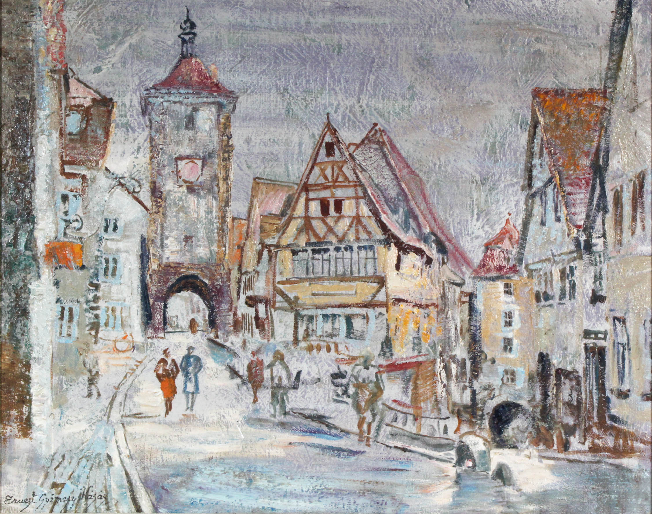 Ernest Guzman Kasas Impasto Oil Painting of European Street Scene
