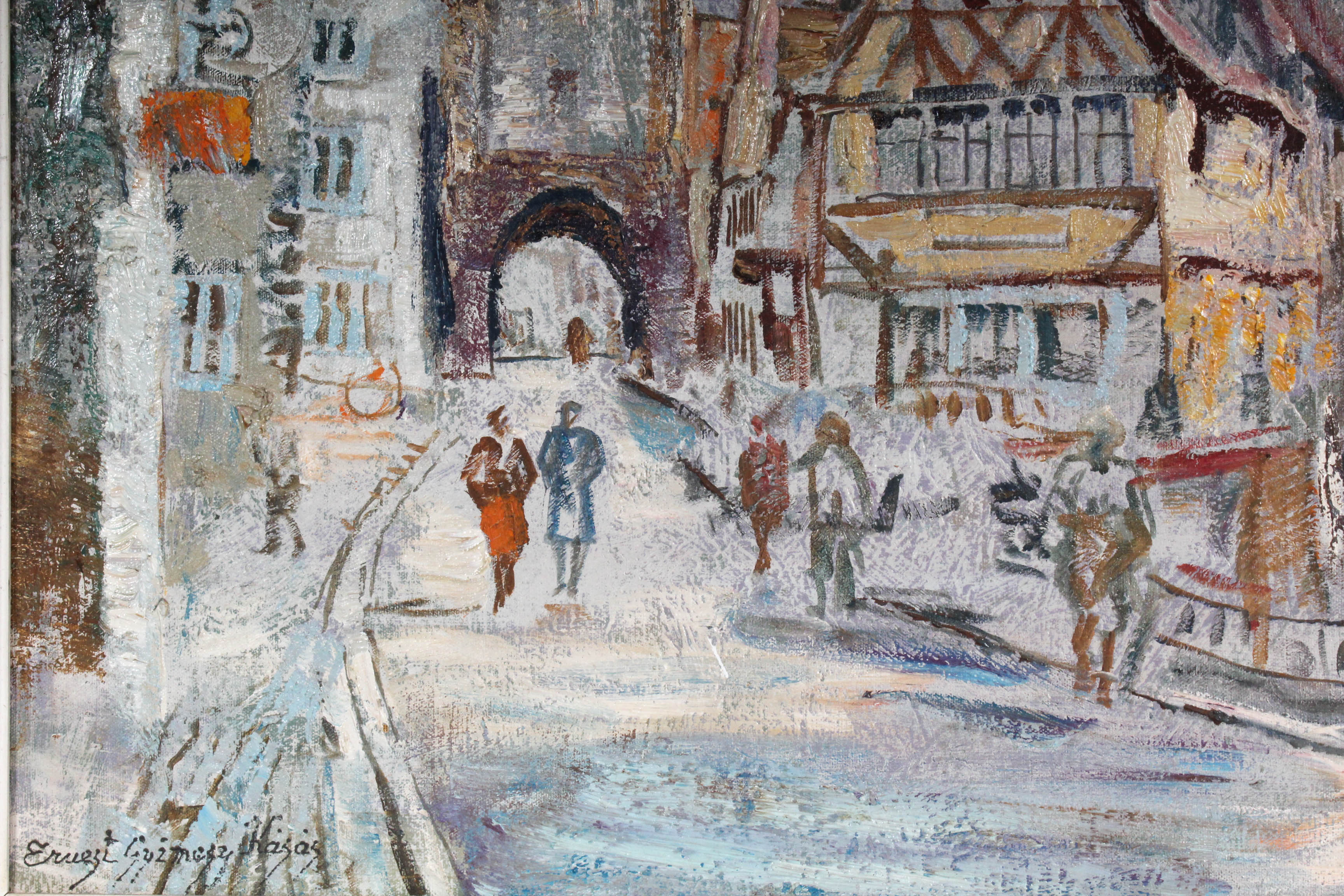 Ernest Guzman Kasas Impasto Oil Painting of European Street Scene