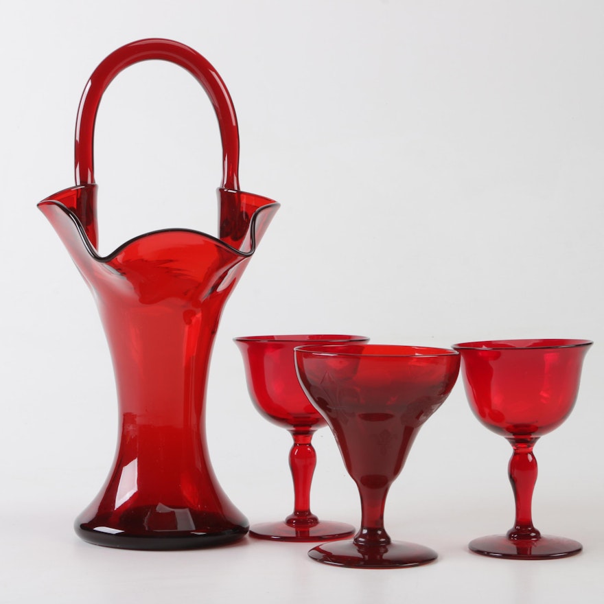 Steuben Selenium Red Art Glass Basket and Glasses, Early 20th Century