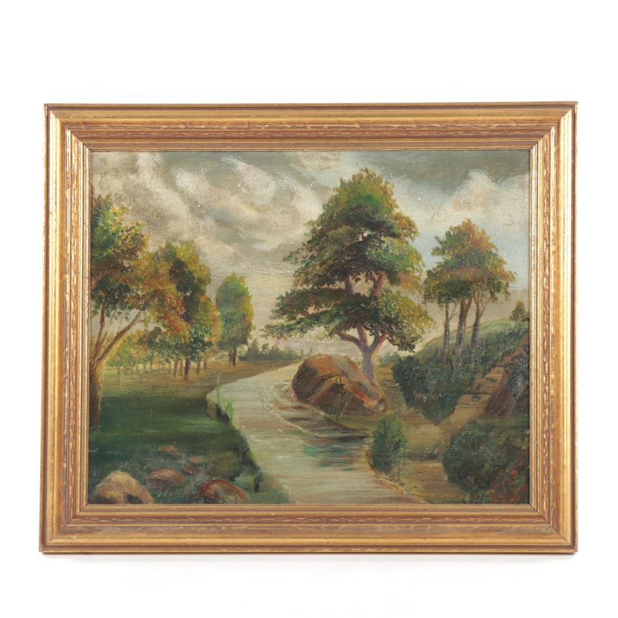 Late 19th Century River Scene Oil Painting on Board