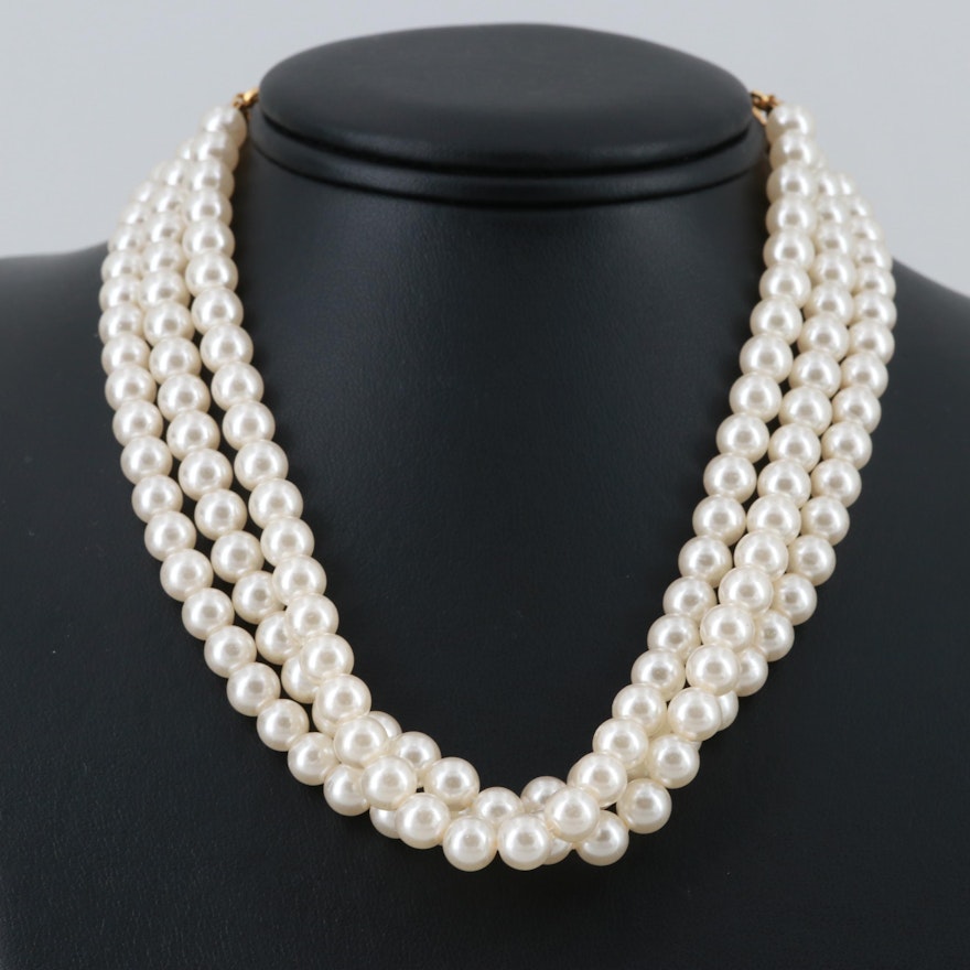 Gold Tone Imitation Pearl Three Strand Necklace