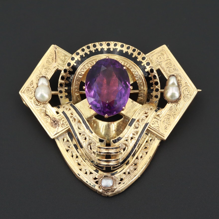 Mid-Victorian 14K Yellow Gold Amethyst, Seed Pearl and Enamel Brooch