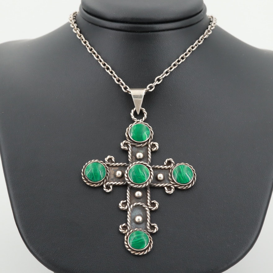 Mexico Sterling Silver Imitation Malachite Cross Pendant Necklace