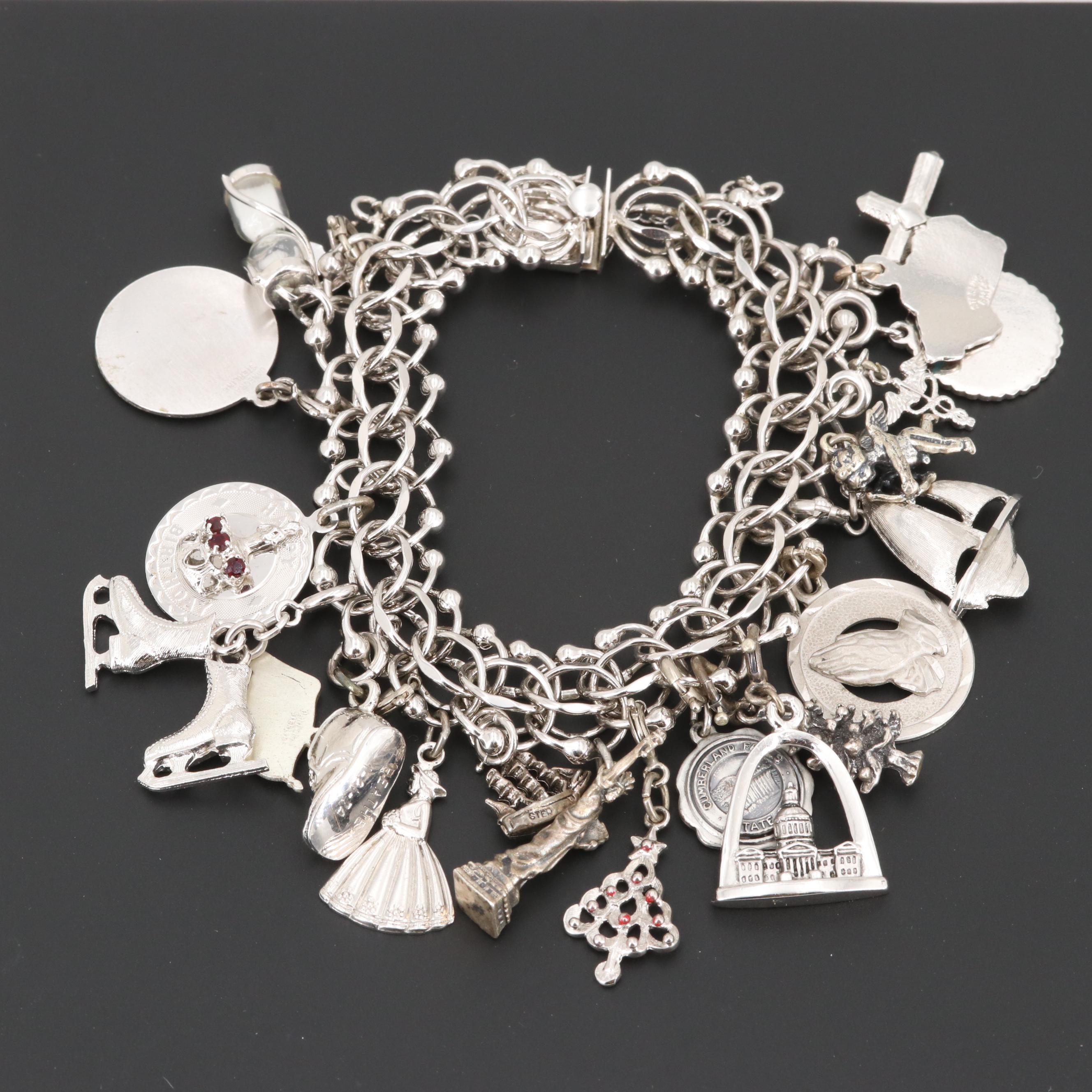 Elco Sterling Silver Enamel and Glass Charm Bracelet
