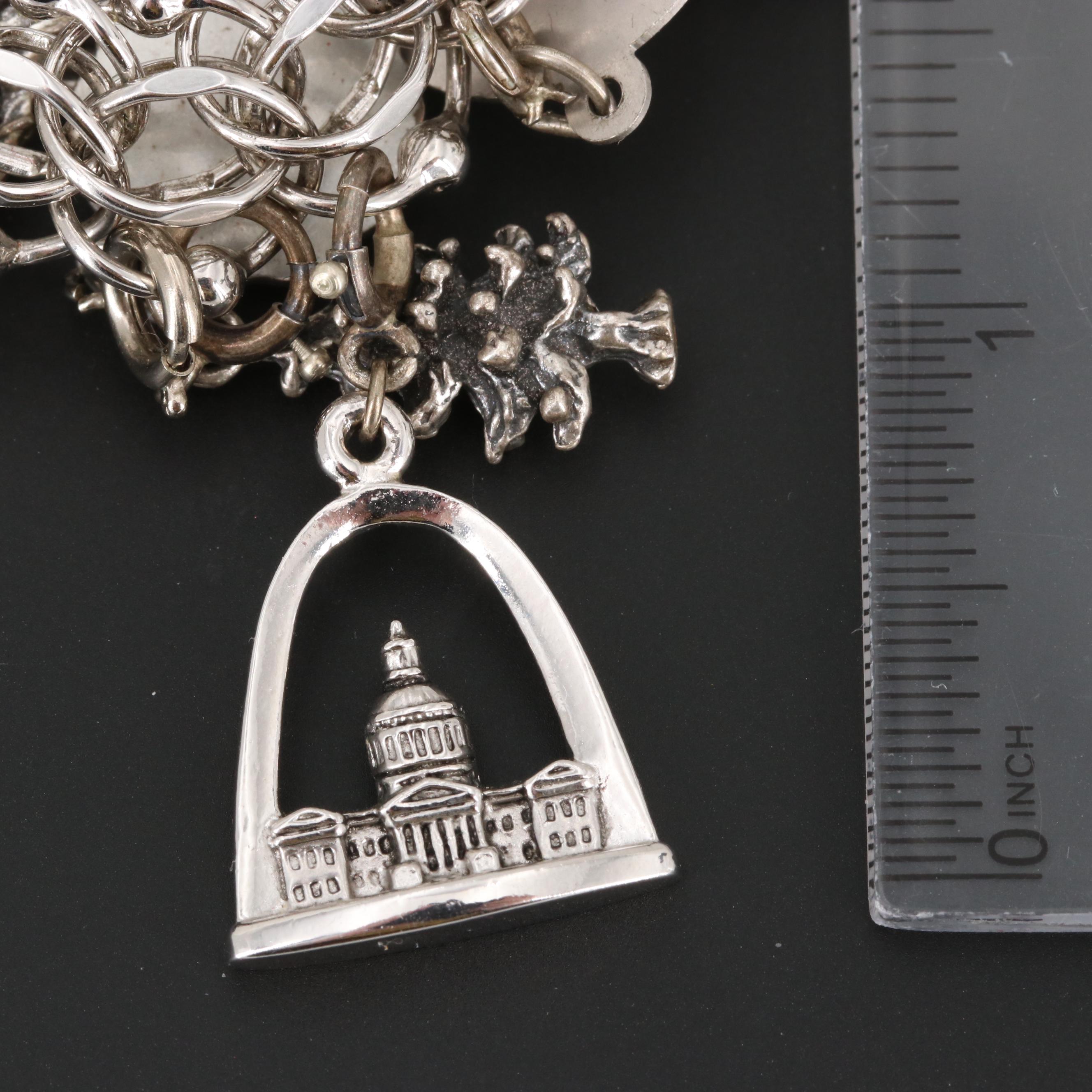 Elco Sterling Silver Enamel and Glass Charm Bracelet