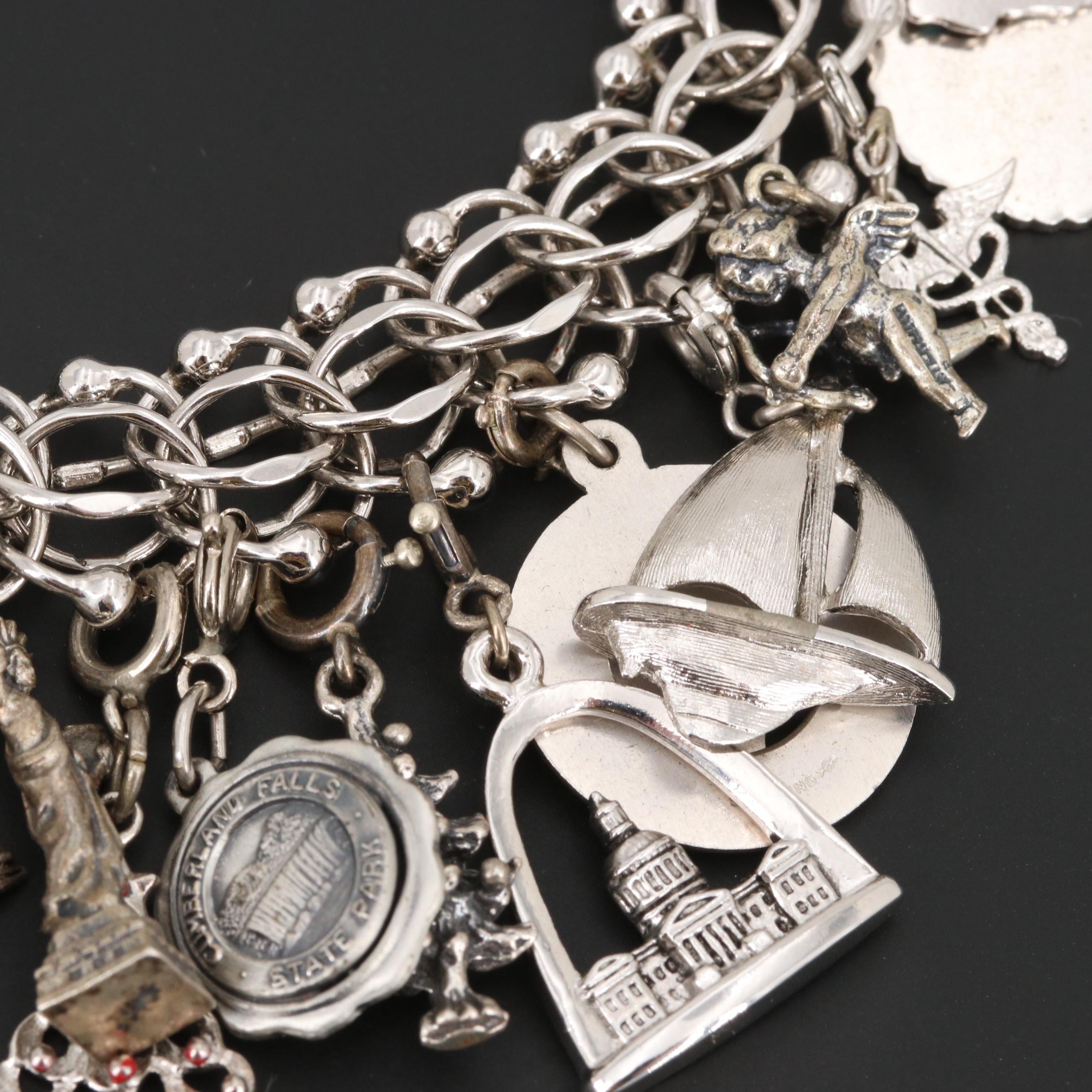 Elco Sterling Silver Enamel and Glass Charm Bracelet