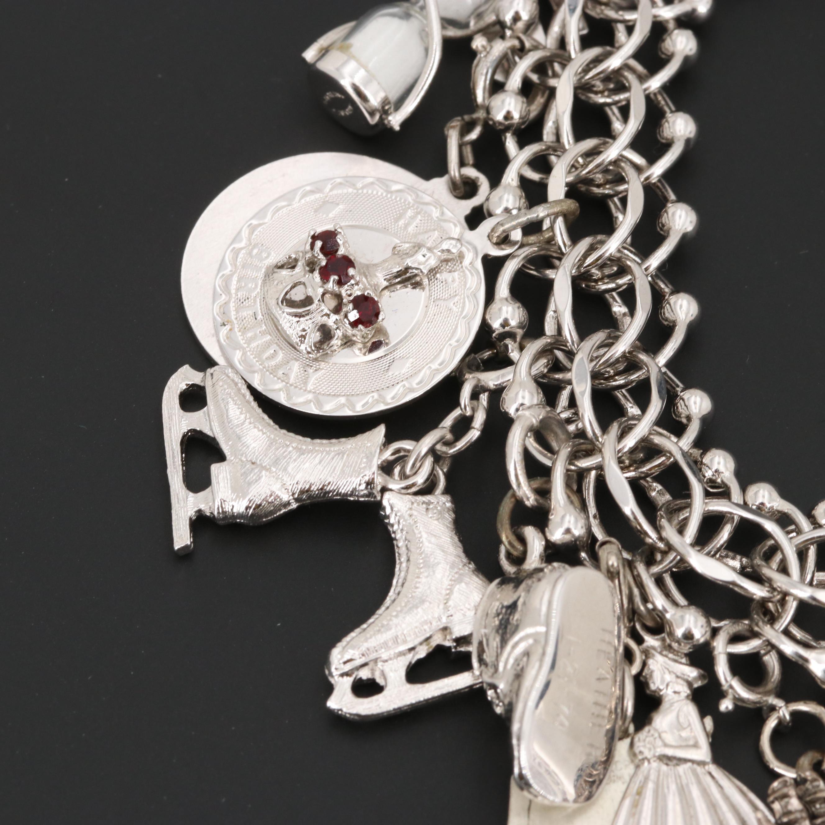 Elco Sterling Silver Enamel and Glass Charm Bracelet