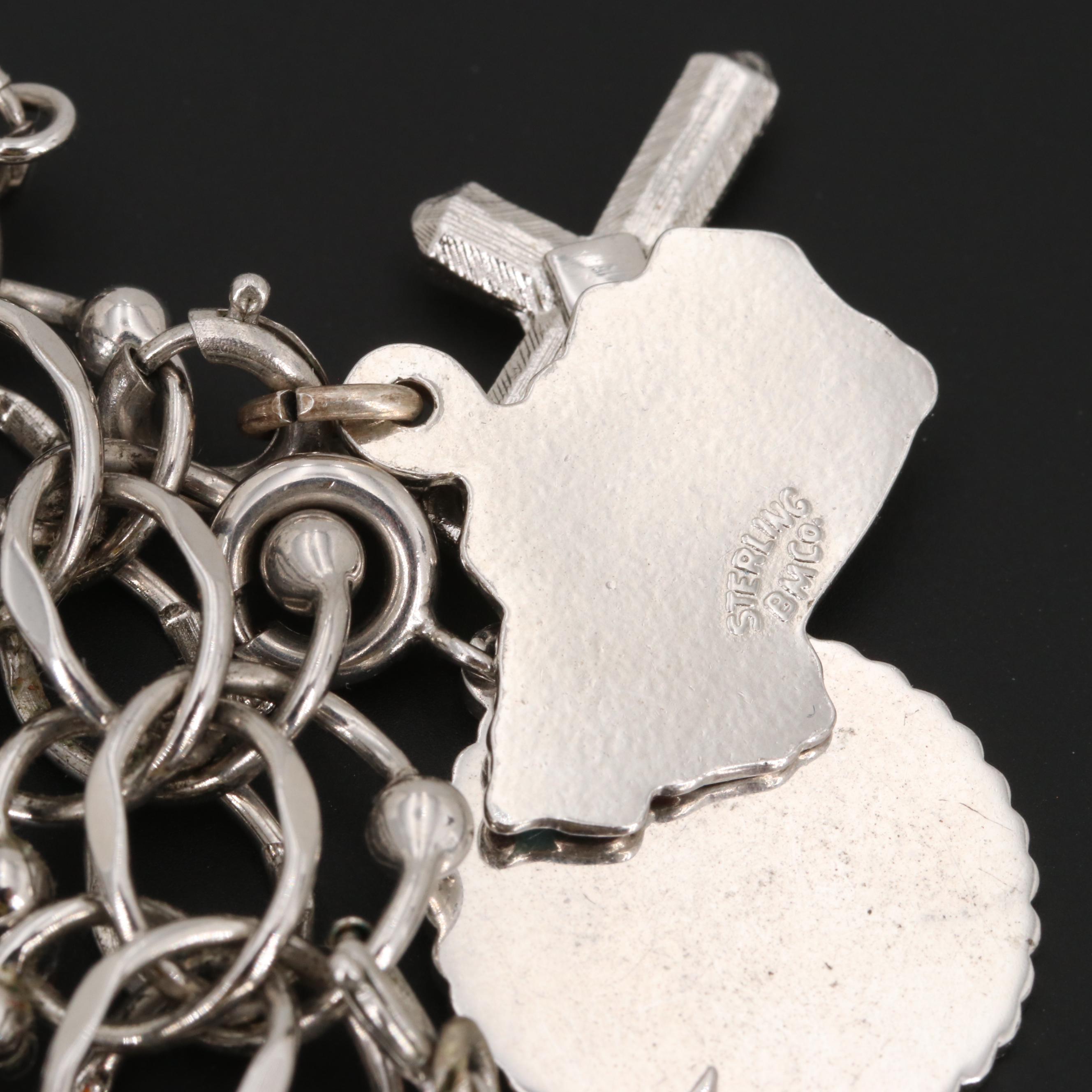 Elco Sterling Silver Enamel and Glass Charm Bracelet