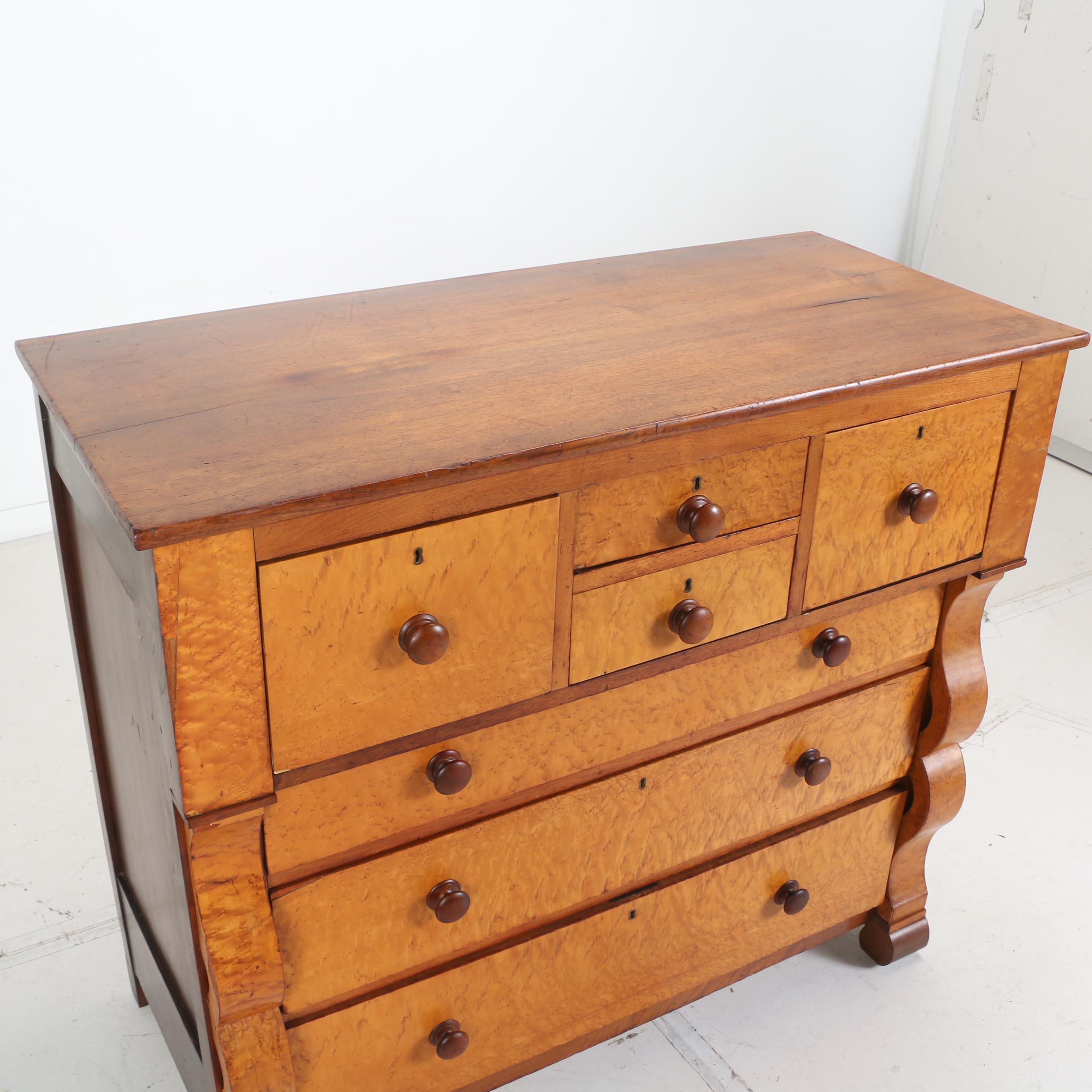 American Empire Bird's-Eye Maple and Walnut Bonnet Chest, Mid 19th Century