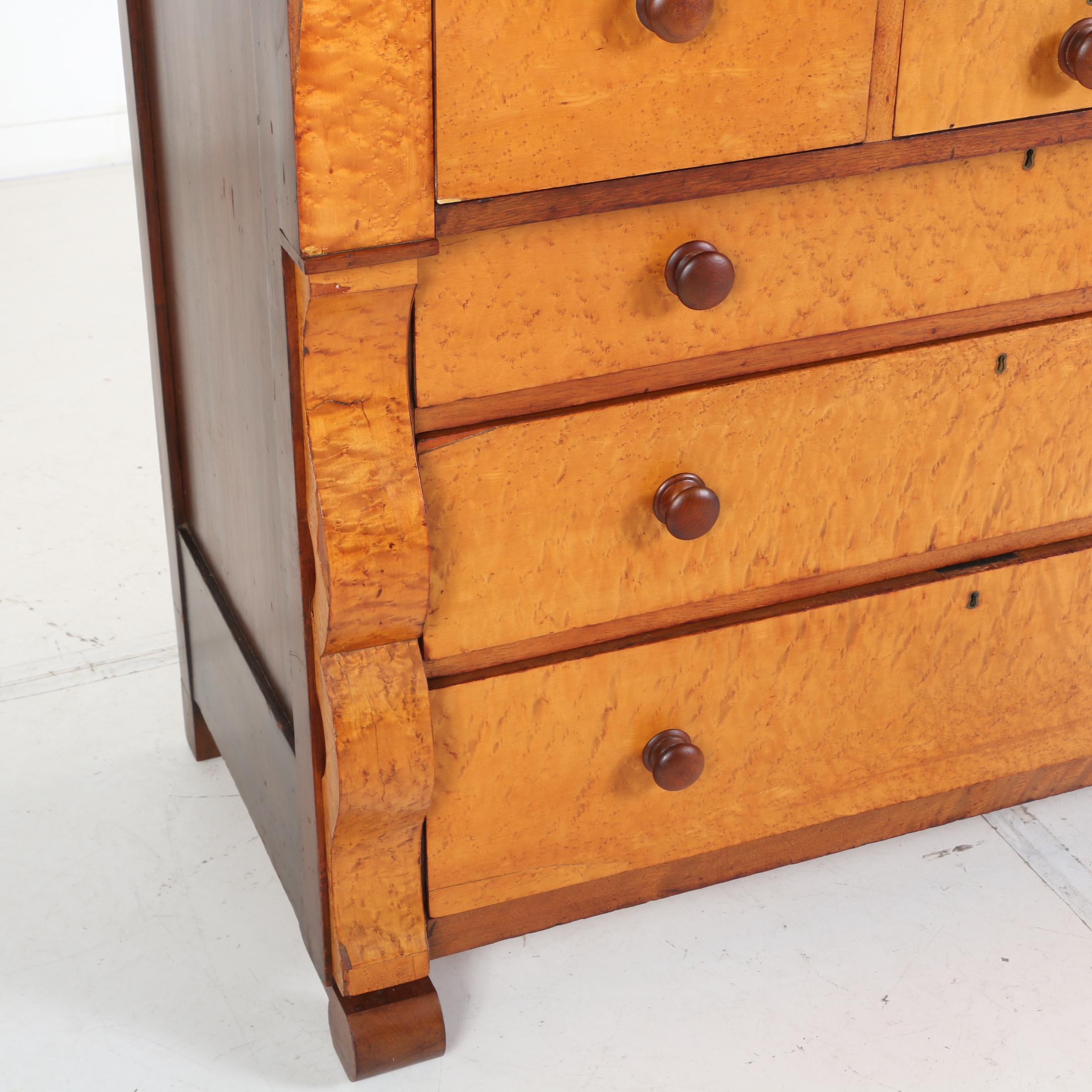 American Empire Bird's-Eye Maple and Walnut Bonnet Chest, Mid 19th Century