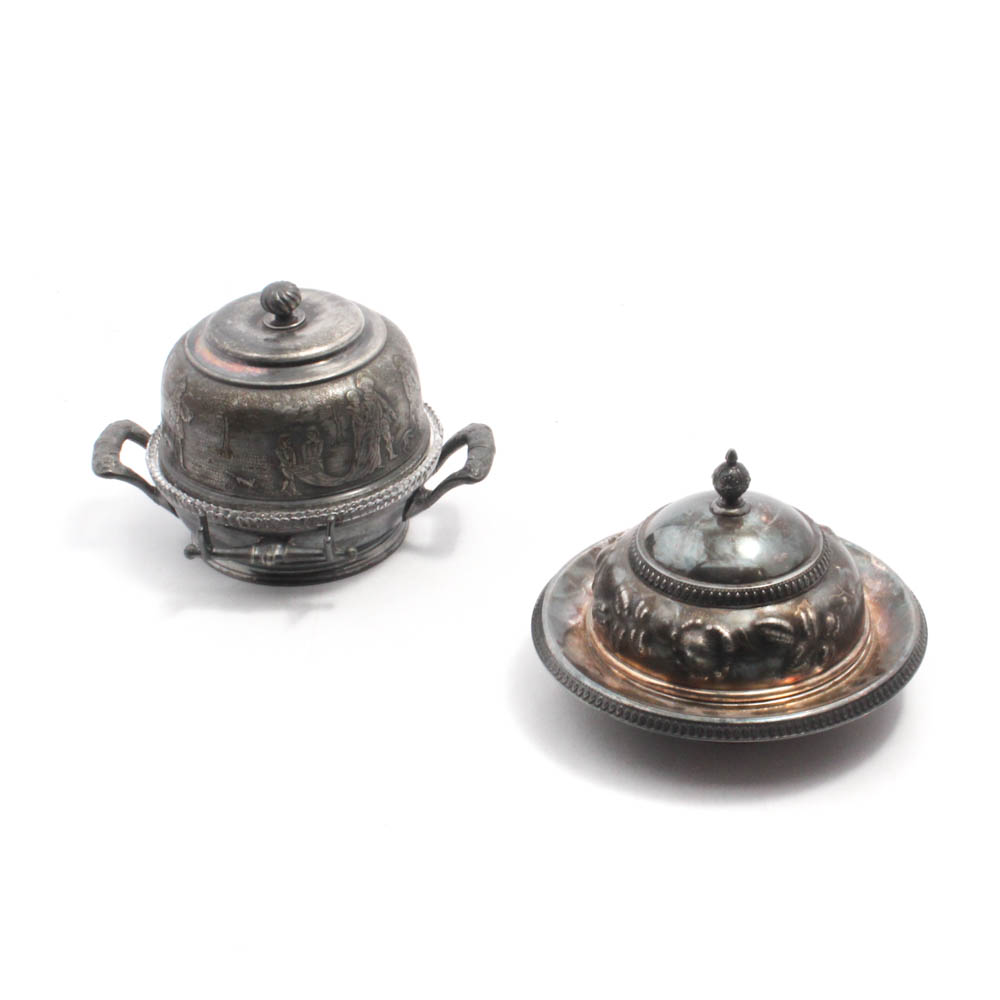 Antique Reed & Barton Silver Plate Butter Dishes with Original Glass Inserts