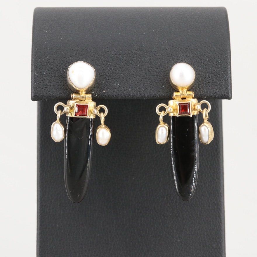 Gold Wash on Sterling Black Onyx, Cultured Pearl and Rhodolite Garnet Earrings