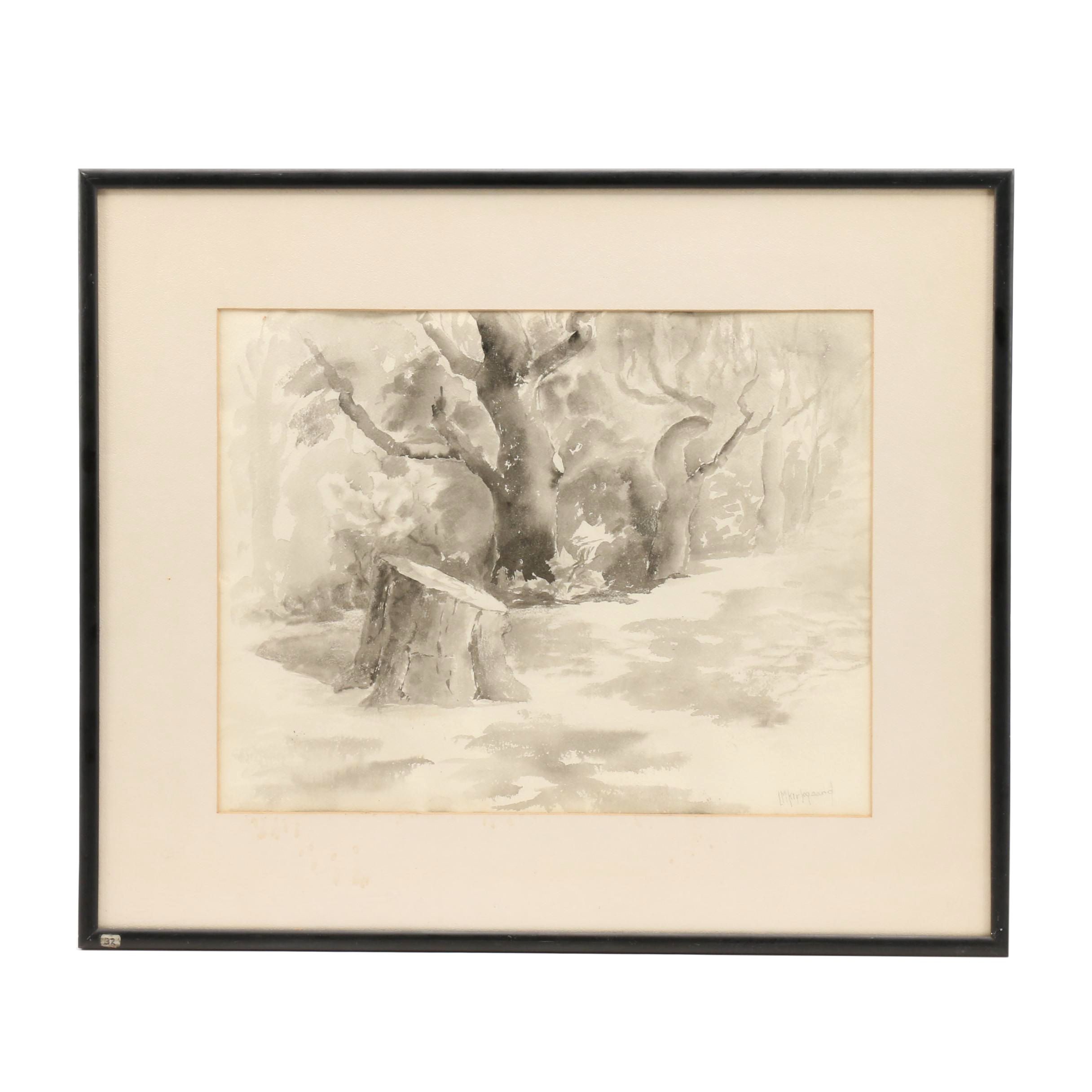 L.M. Kirkgaard Watercolor Painting of Forest Scene "Old Monarch Descanso"