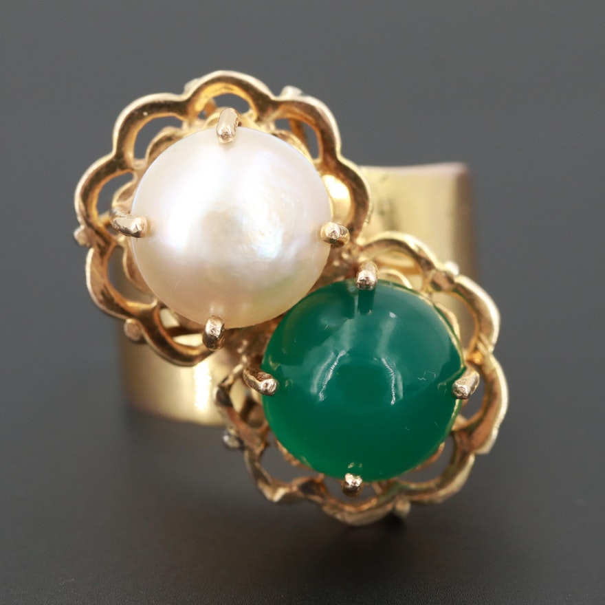 10K Yellow Gold Cultured Pearl and Chalcedony Ring