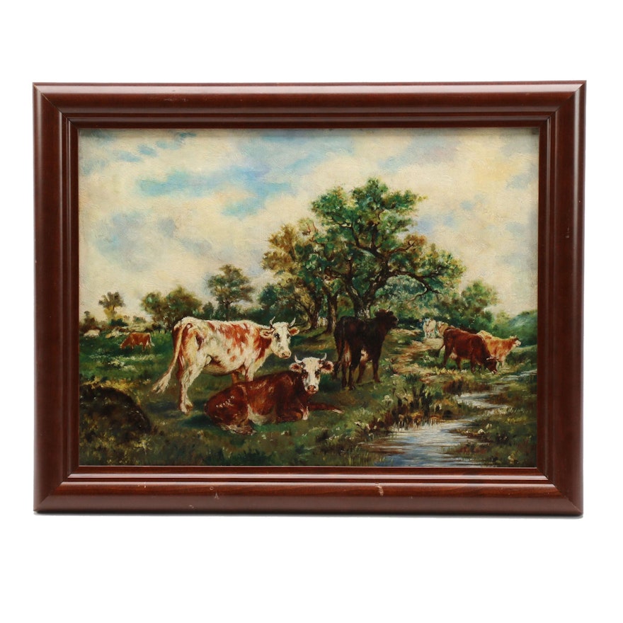 Oil Painting of Pastoral Scene with Cows