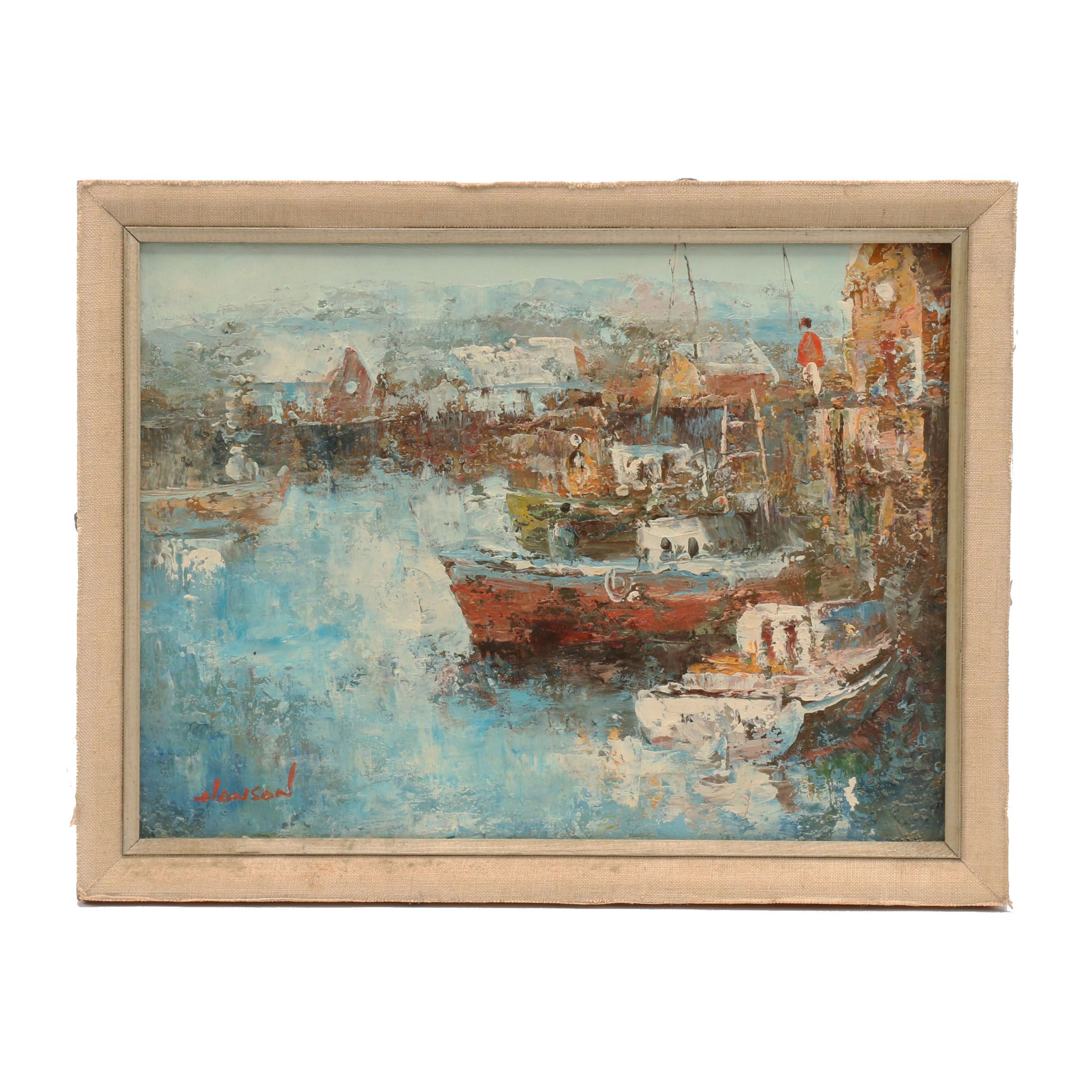Hanson Abstract Impasto Oil Painting of Harbor Scene