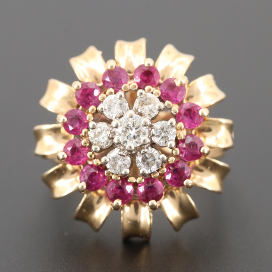 Retro 14K Yellow Gold Diamond and Ruby Floral Motif Ring