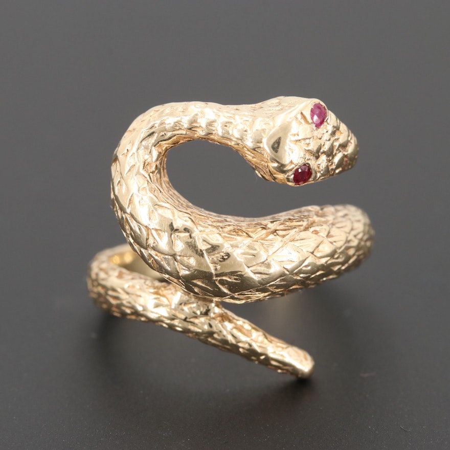 14K Yellow Gold Ruby Snake Ring
