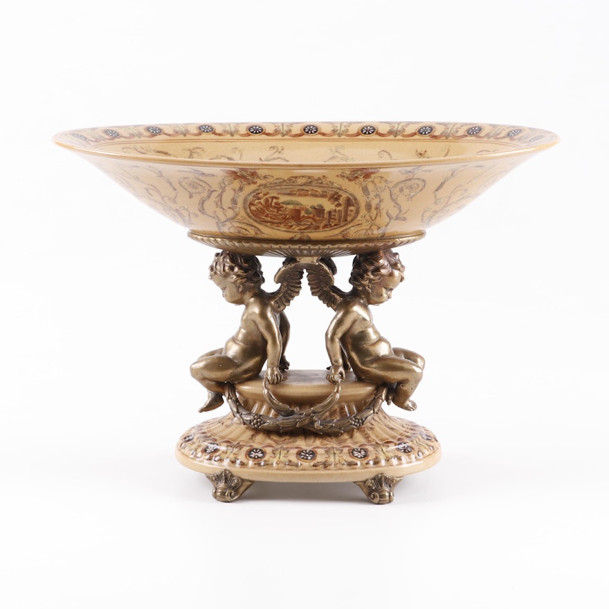 Baroque Style Hand-Painted Ceramic and Brass Compote