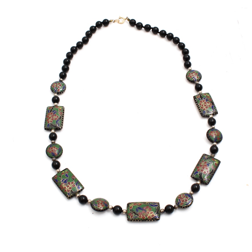 Black Onyx and Cloisonne Bead Necklace with Gold Filled Clasp