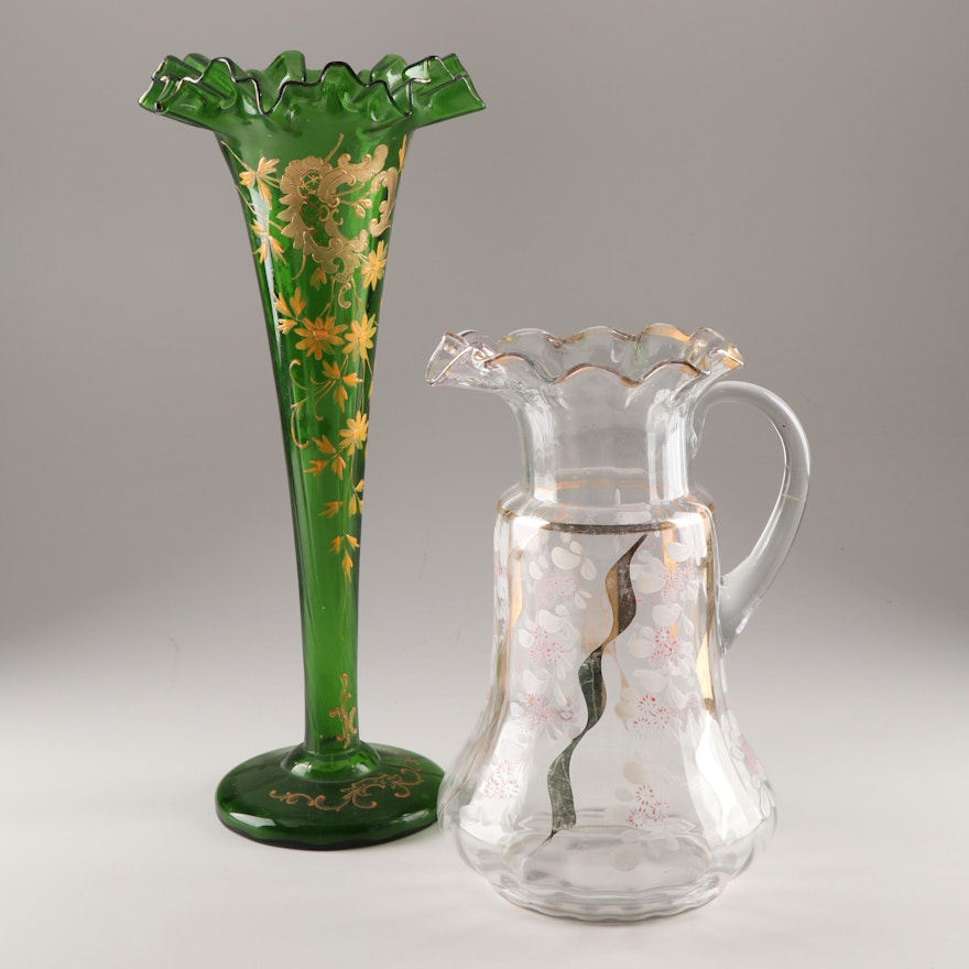 American Victorian Art Glass Trumpet Vase and Pitcher
