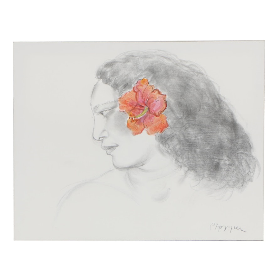 Pegge Hopper Hawaiian Charcoal Drawing with Acrylic Accent