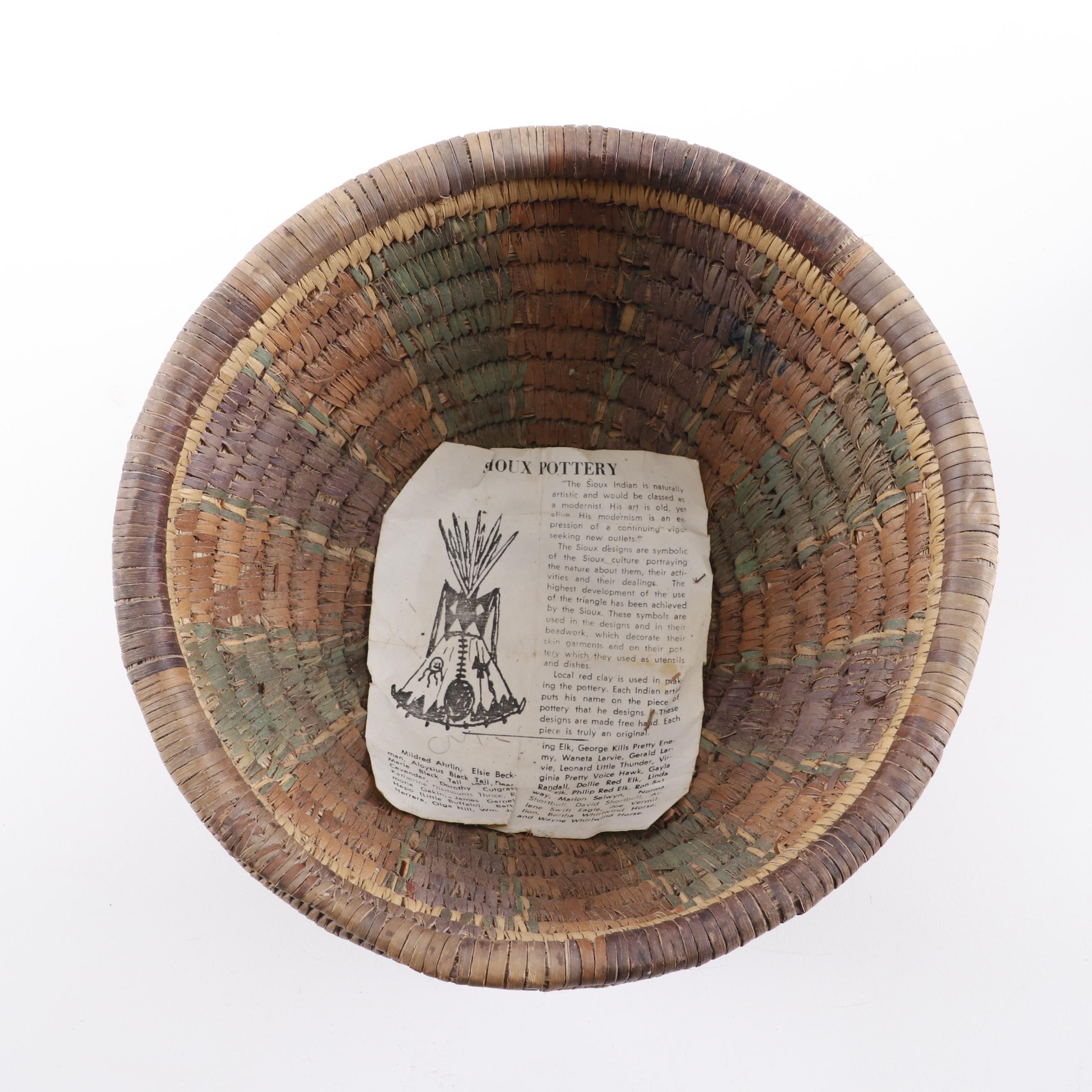 Native American and Native American Style Pottery with Woven Basket and Minerals