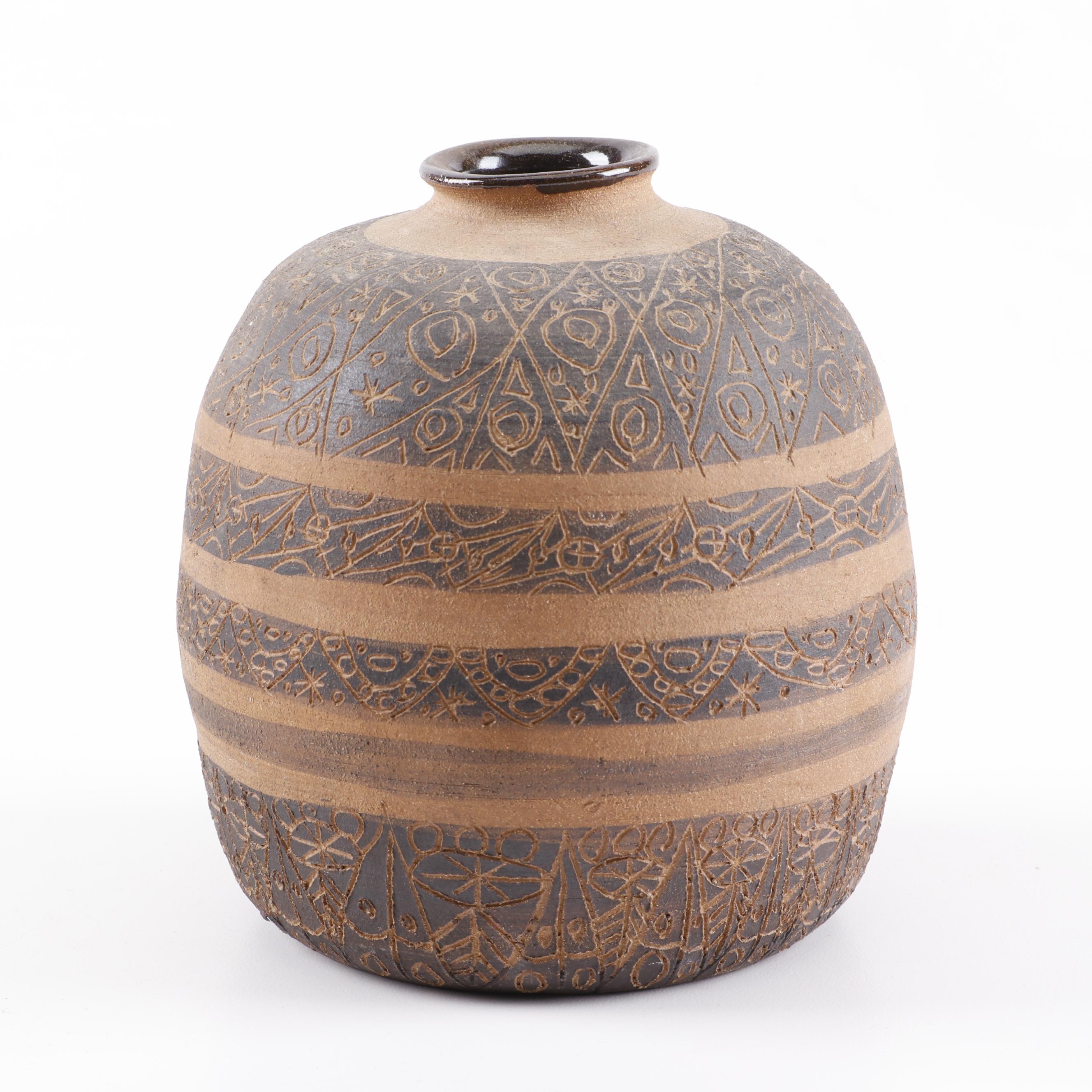 Native American and Native American Style Pottery with Woven Basket and Minerals