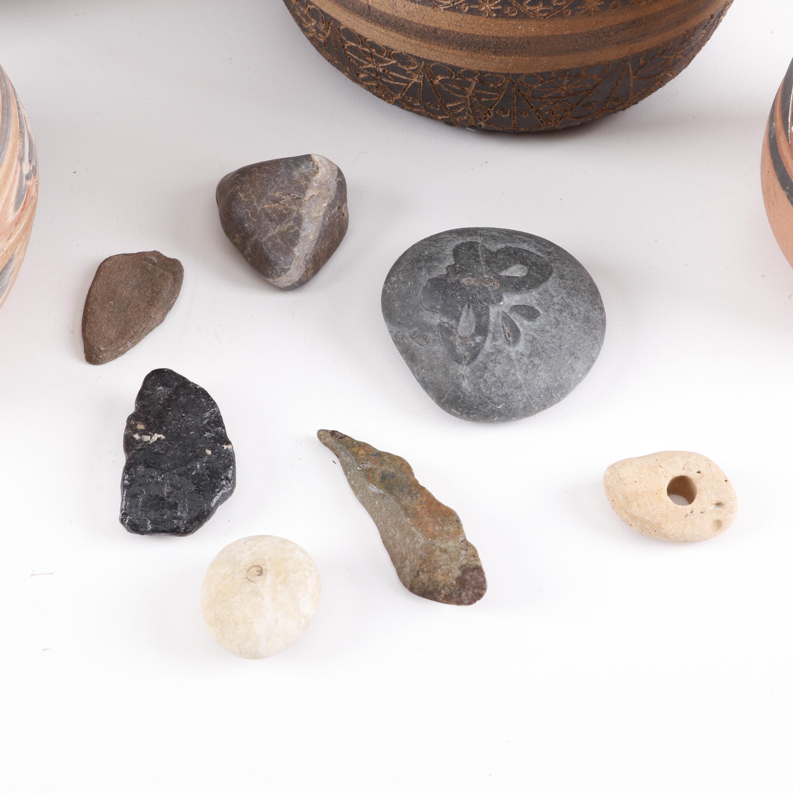 Native American and Native American Style Pottery with Woven Basket and Minerals