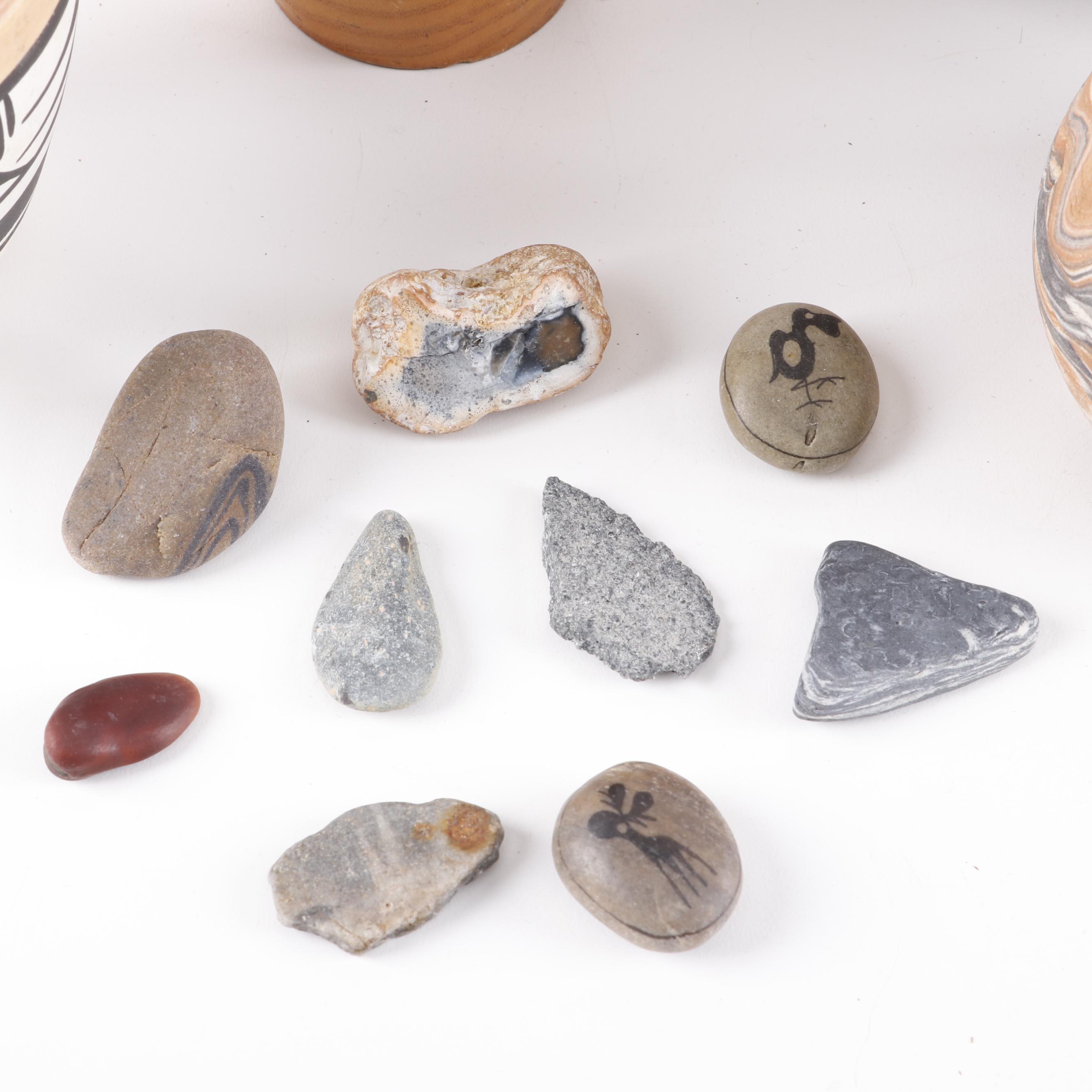 Native American and Native American Style Pottery with Woven Basket and Minerals