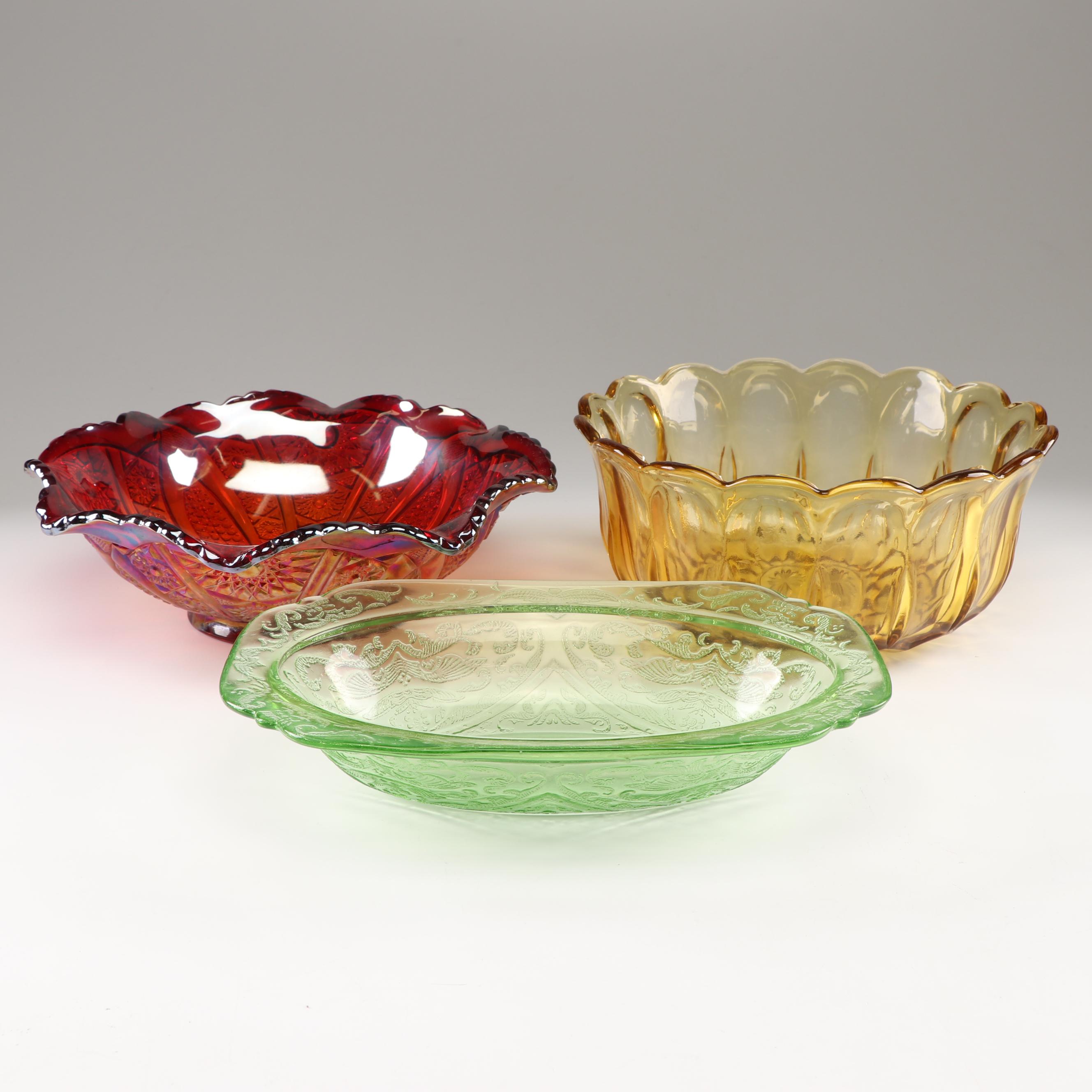 Green Depression Glass Serving Bowl with Other Glass Bowls, Mid-Century