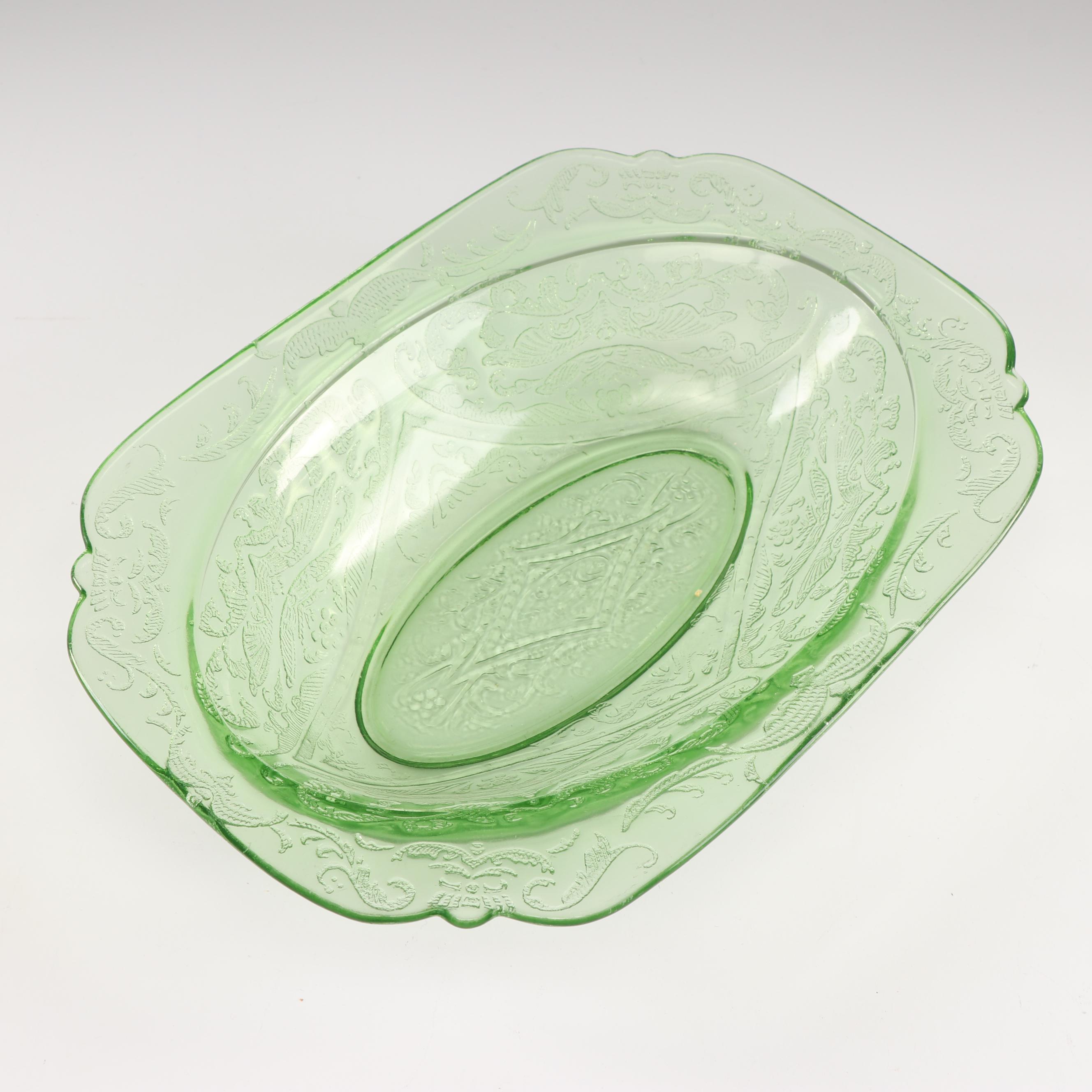 Green Depression Glass Serving Bowl with Other Glass Bowls, Mid-Century