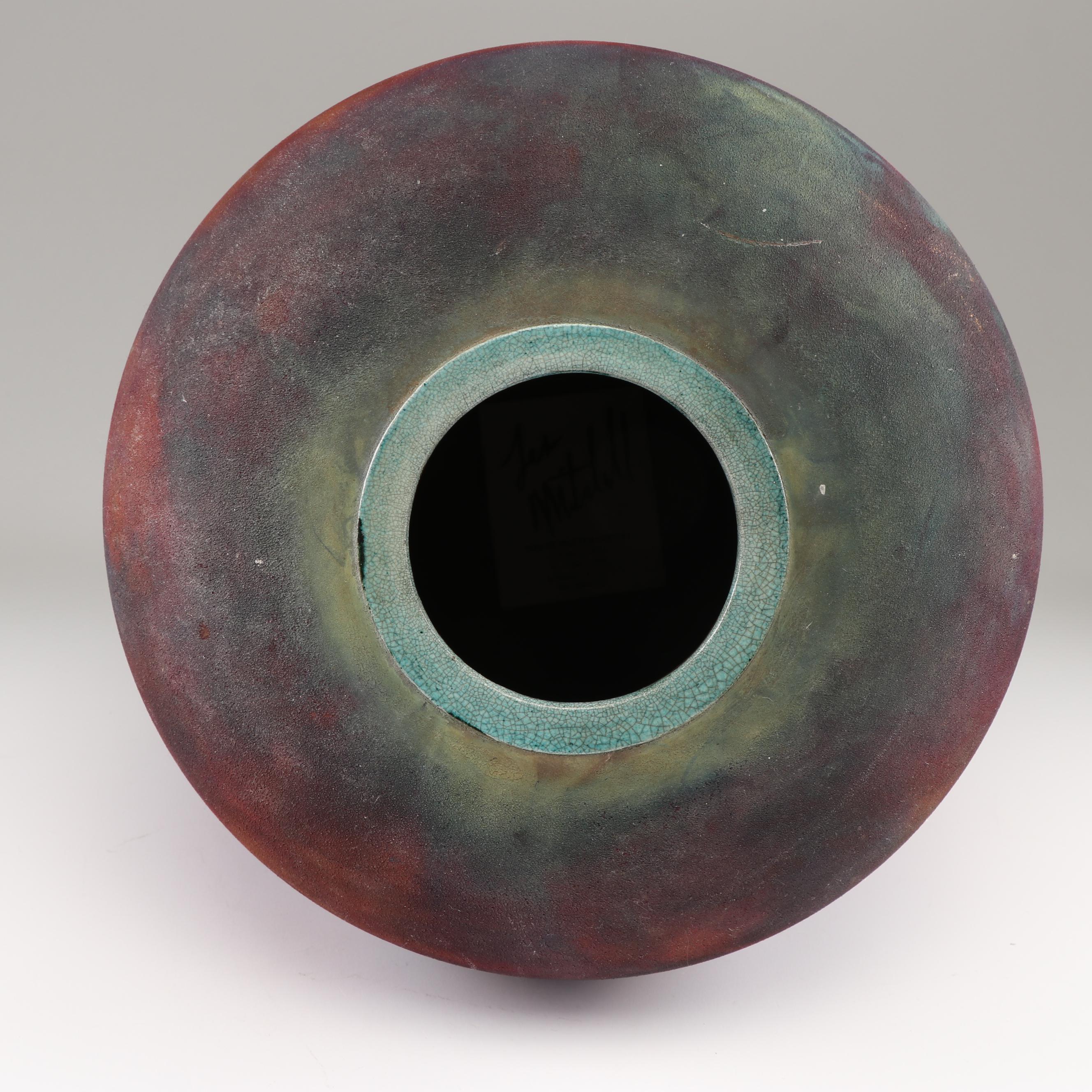 Les Mitchell Stoneware Copper Flashed Raku Vase, Late 20th Century