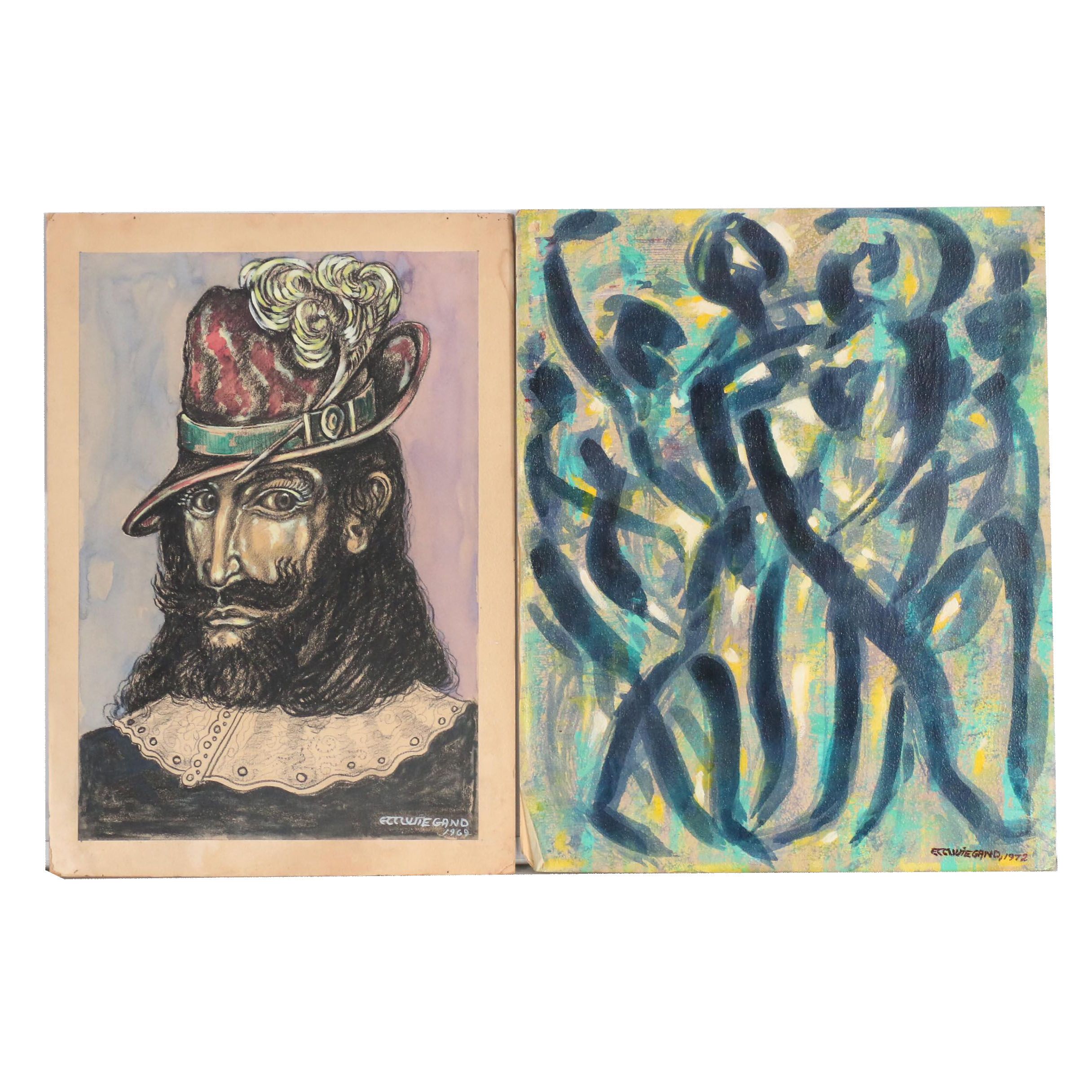 Hilmar Wiegand Mixed Media Paintings "Man With Feathered Hat"