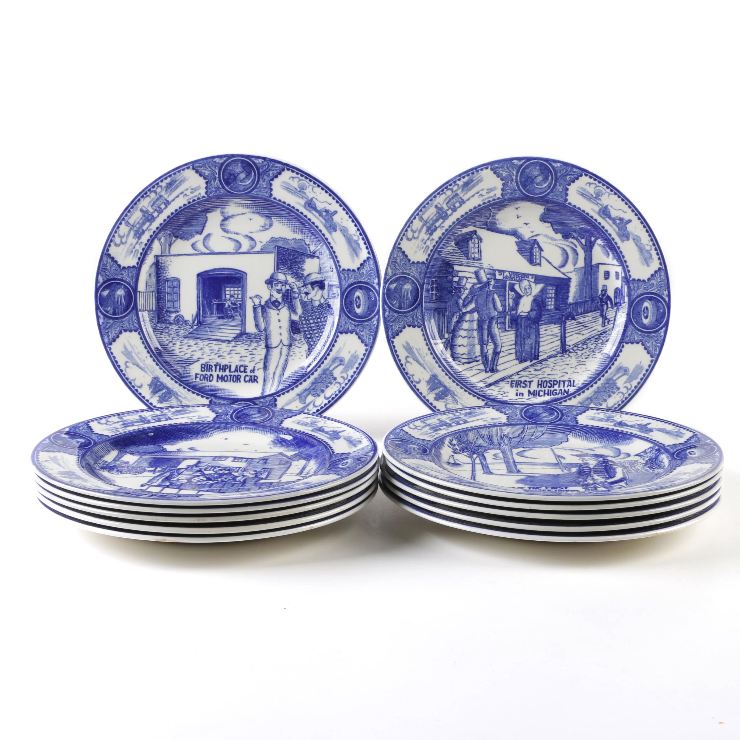 Spode Copeland "Historical Scenes of Early Detroit" Transferware Dinner Plates