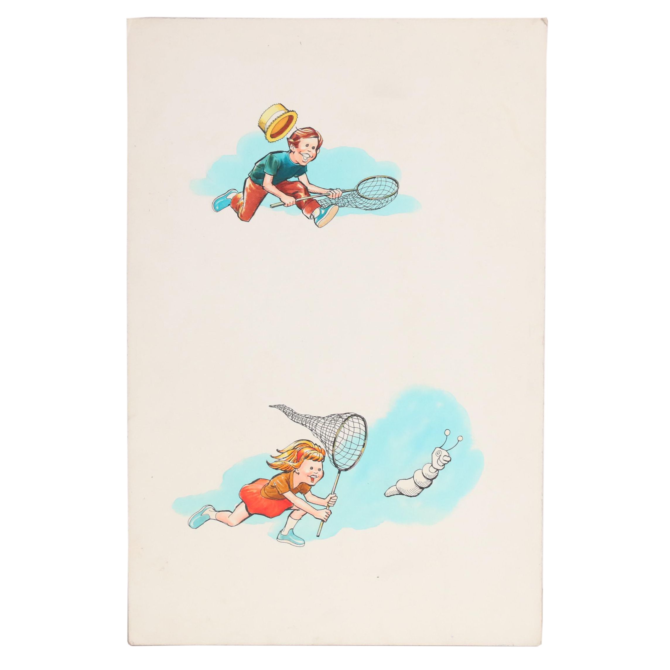 Mid 20th Century Cartoon Watercolor Illustration of Children