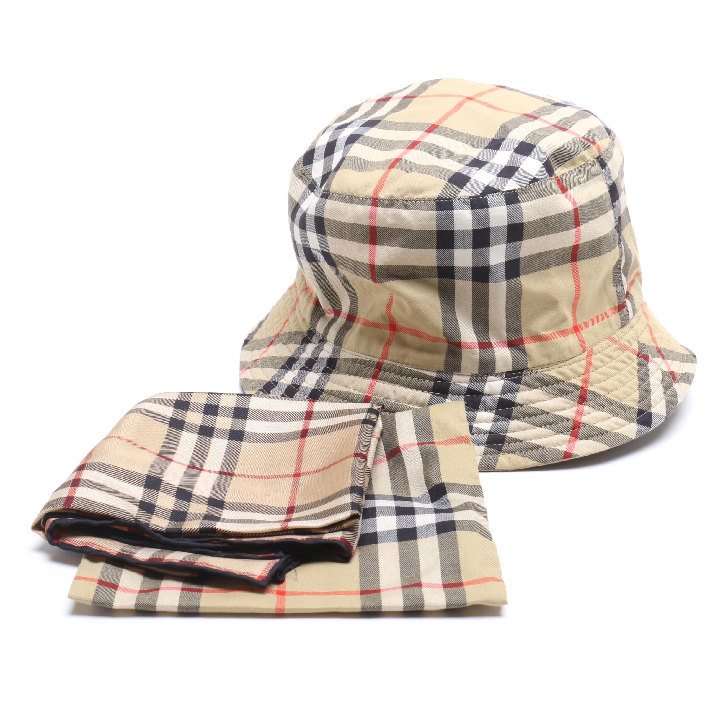 Burberry London Silk Scarf and Cotton Buckle Hat with Velcro Storage Bag